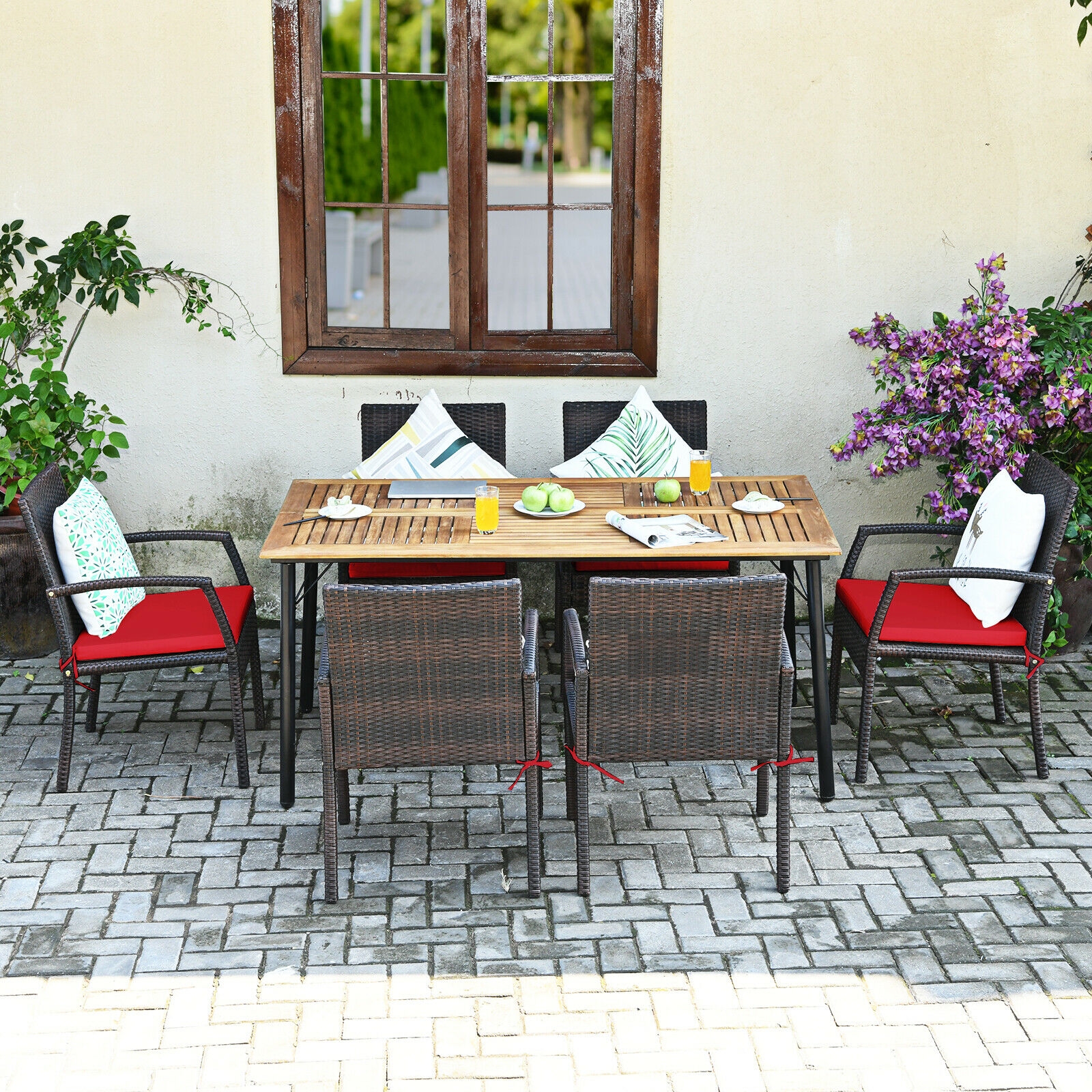 Mondawe 7Pcs Patio Rattan Cushioned Dining Set with Umbrella Hole-Red-Mondawe