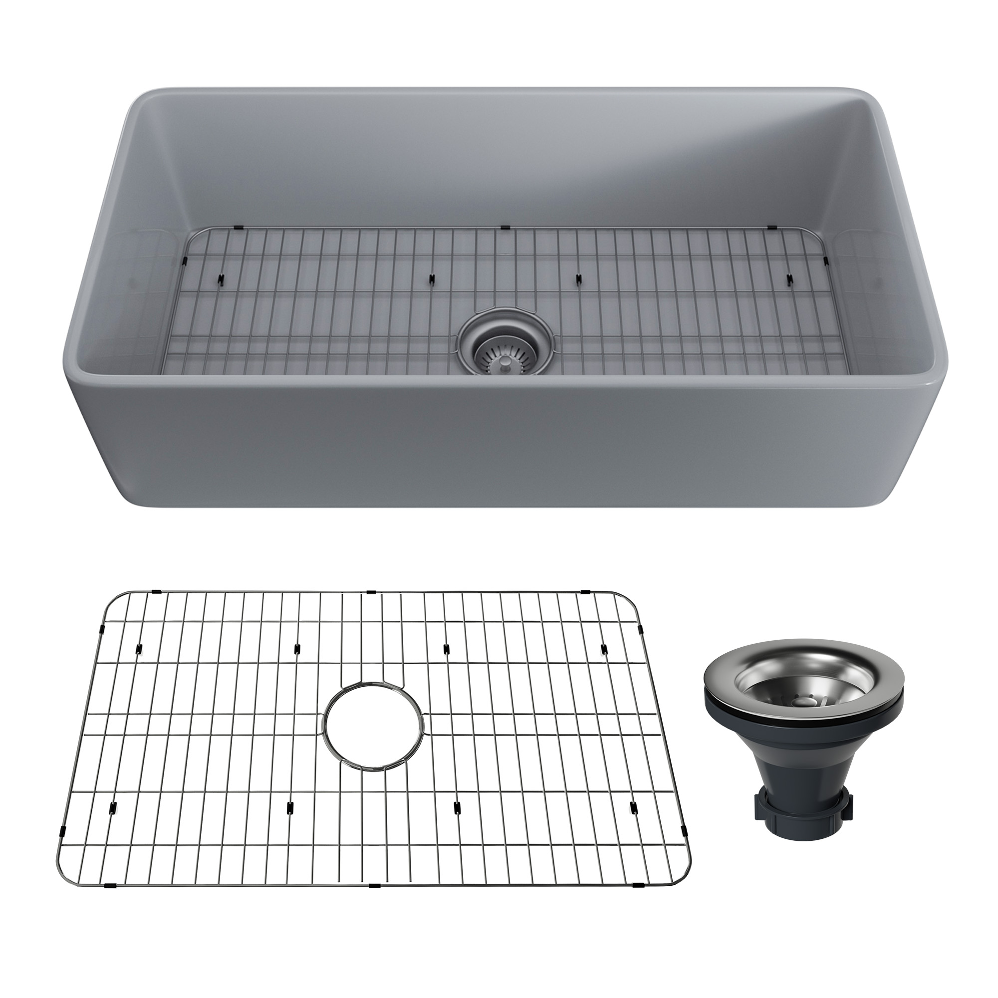 Matte Grey Farmhouse Apron Front Fireclay Single Sink with Grid and Drainer 
