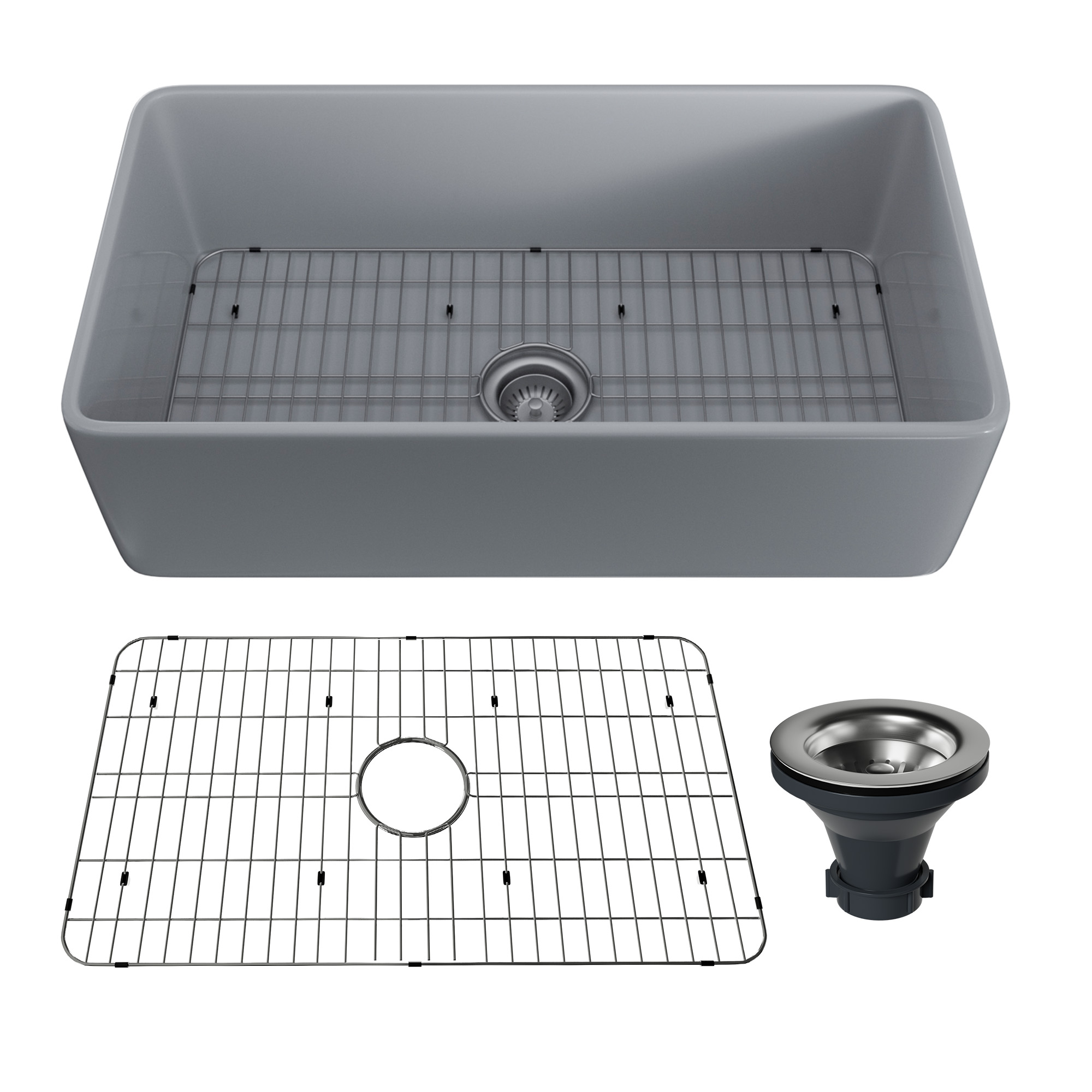 Fireclay 33 in. Striped Design Reversible Installation Single Bowl Farmhouse Apron Kitchen Sink with Grid and Strainer