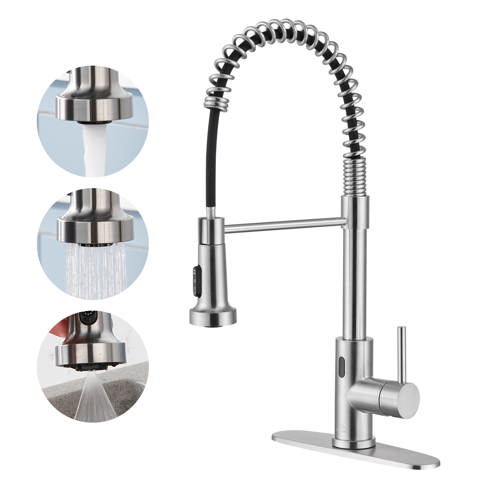 3-Mode Single Handle Pull-Down Sprayer Kitchen Faucet with Touchless Sensor and Includes Deckplate