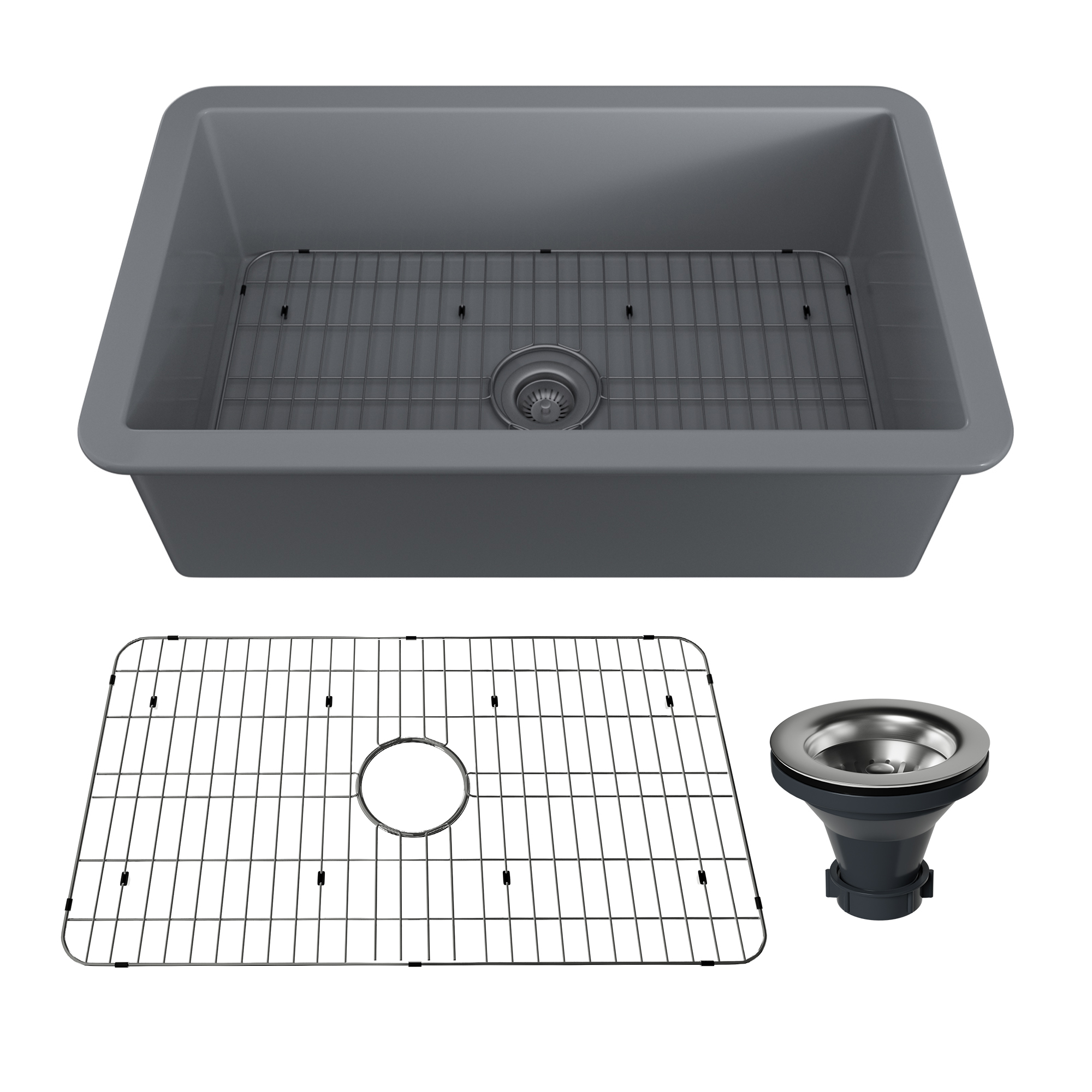 Matte Gray ingle Bowl Fireclay Kitchen Sink with Grid and Drainer，Undermount