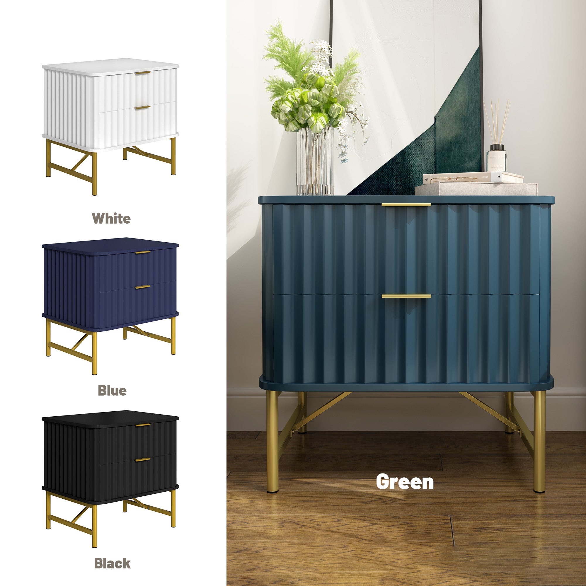 19 Inch Nightstand，Modern End Table with 2 Drawers，2 Tier Side Table with Gold Legs for Bedroom, Living Room, Black