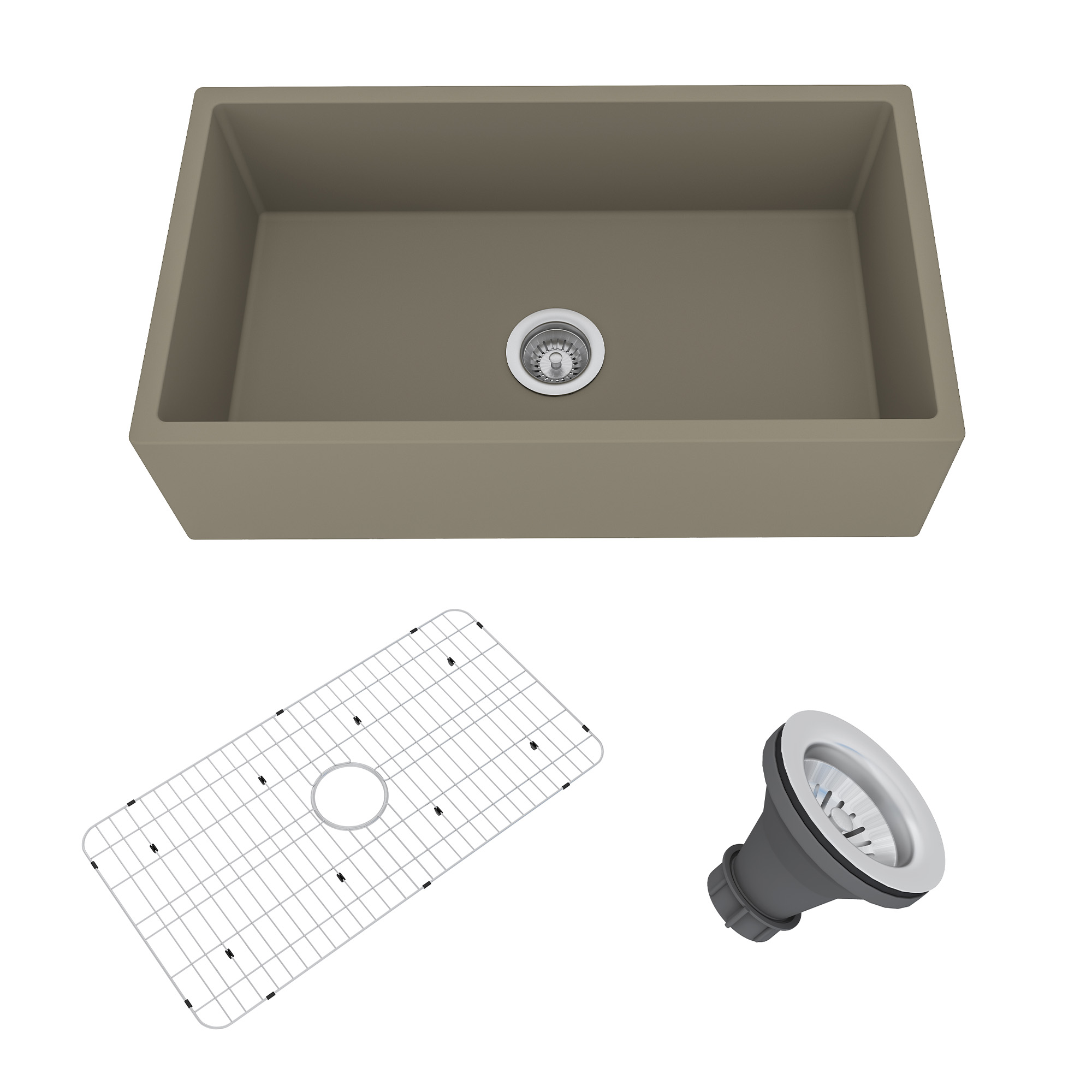 Boyel Living 33 in. Farmhouse/Apron-Front Single Bowl Black Earth S4 Concrete Kitchen Sink with Bottom Grid and Strainer Basket