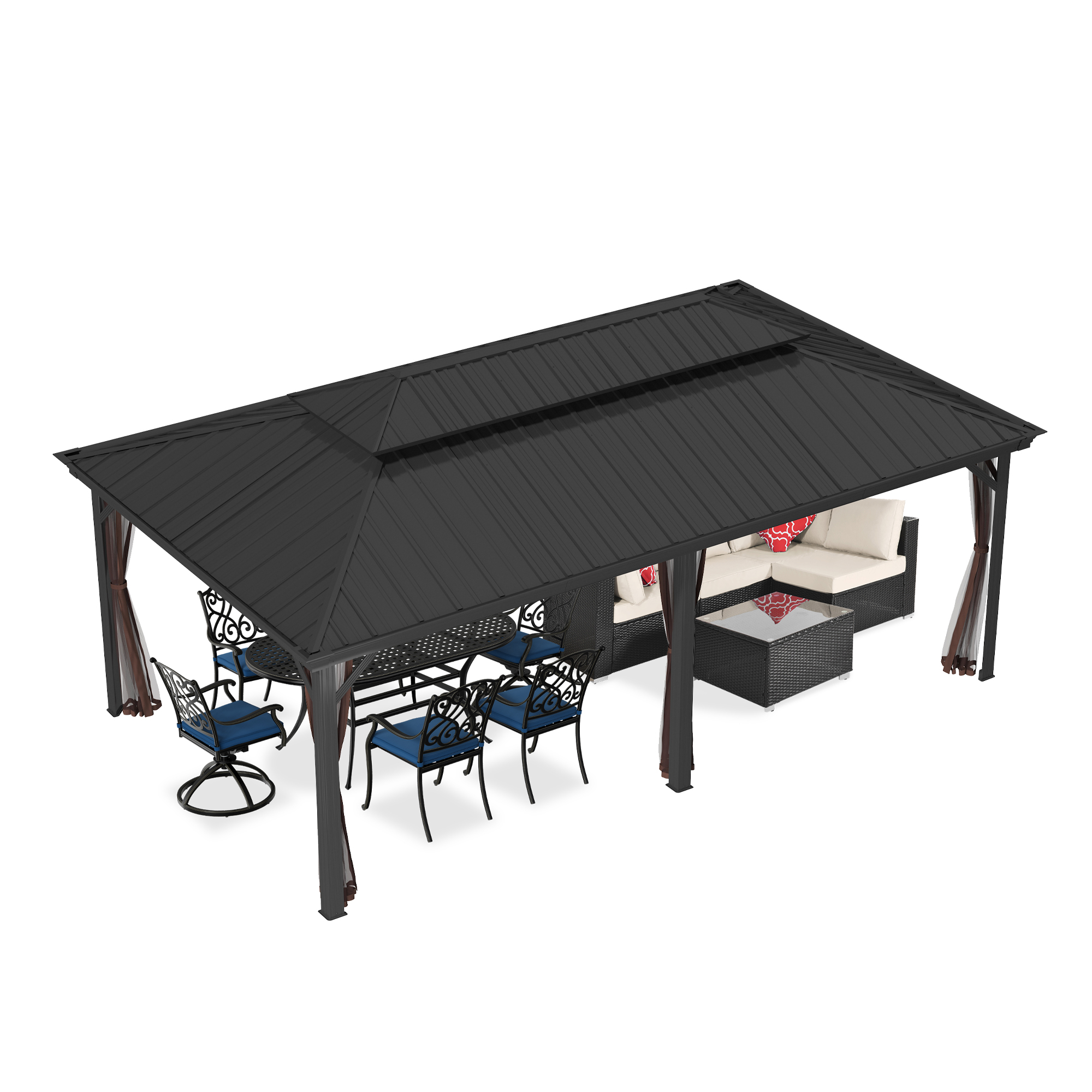 12x20 ft Double Roof Hard Top Aluminum Frame Gazebo with Netting