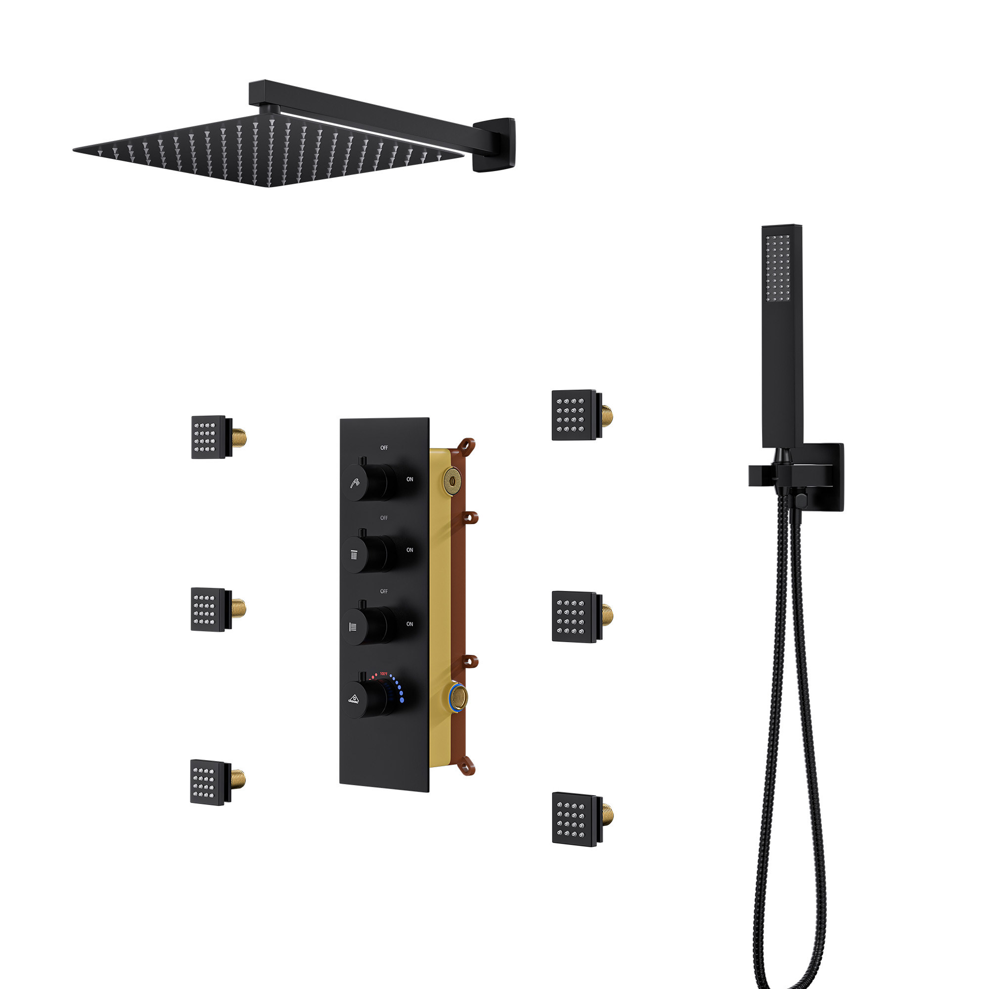 6-Spray Pattern 12 in. Wall Mounted Rainfall Shower Faucet and Dual Shower Heads System With 6 Body Jets In Brushed Gold/Brushed Nickel/Matte Black