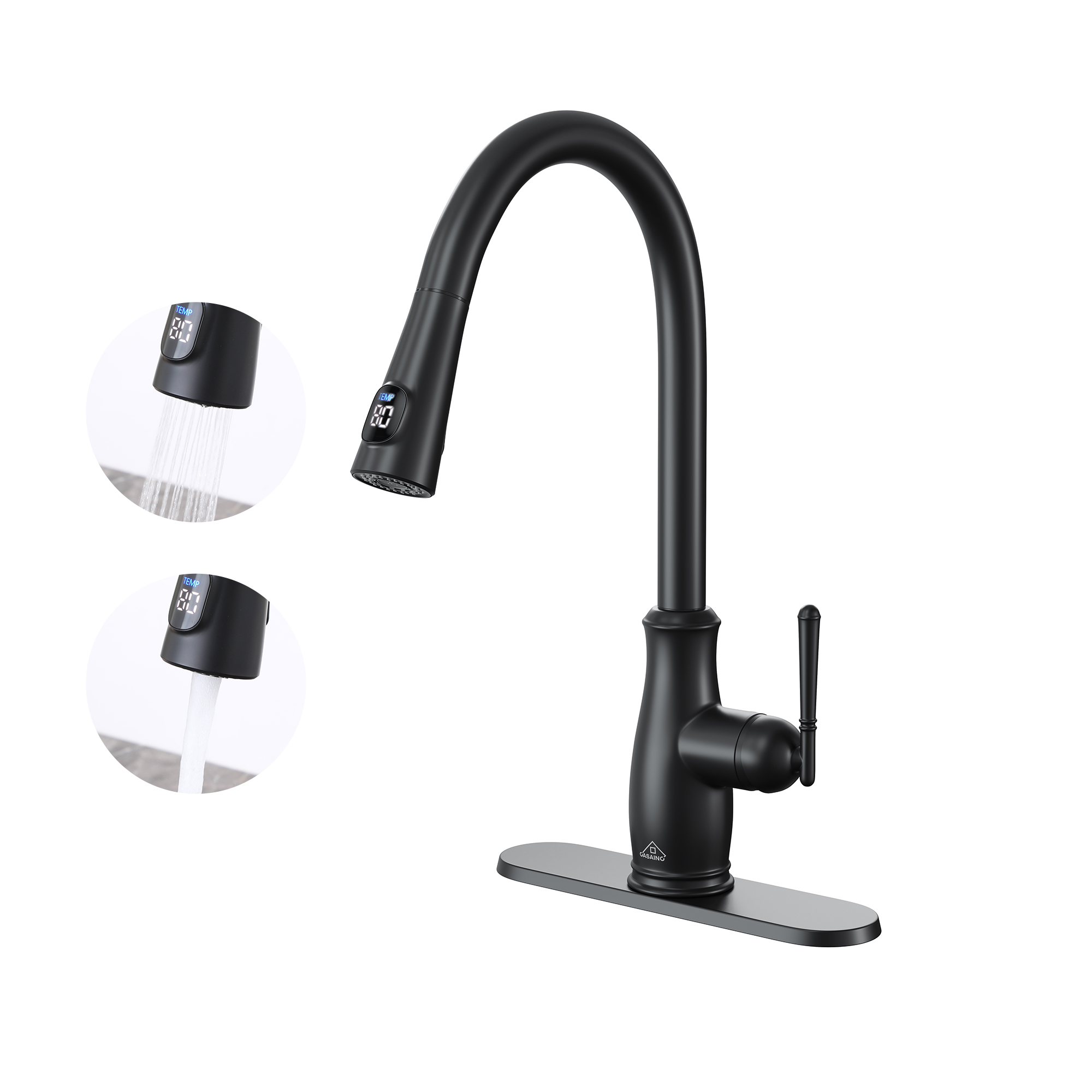 Single Handle Pull Down Sprayer Kitchen Faucet with Intelligent Temperature Display in Matte Black