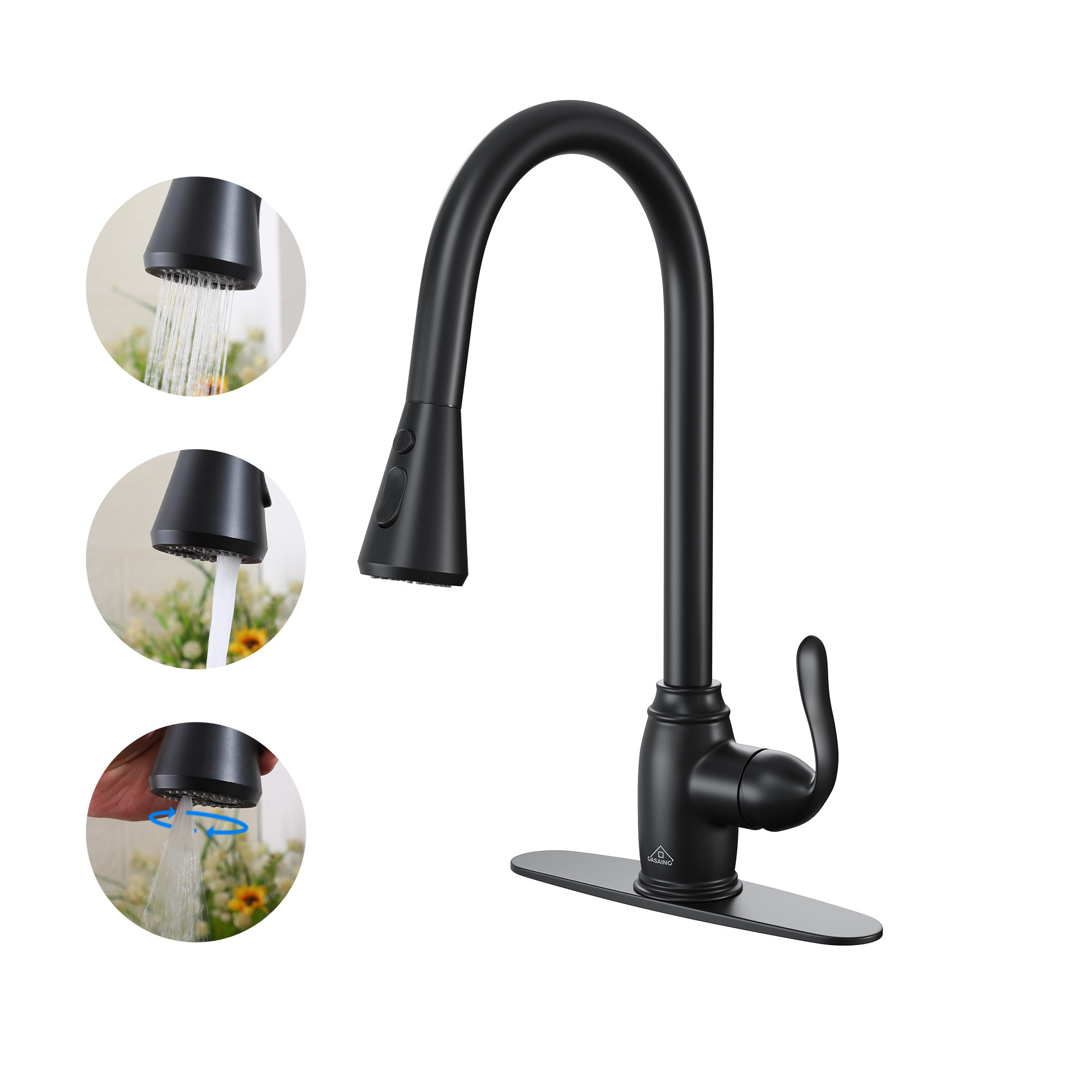Single Handle Pull Down Sprayer Kitchen Faucet with Three Functions Spray Head in Matte Black