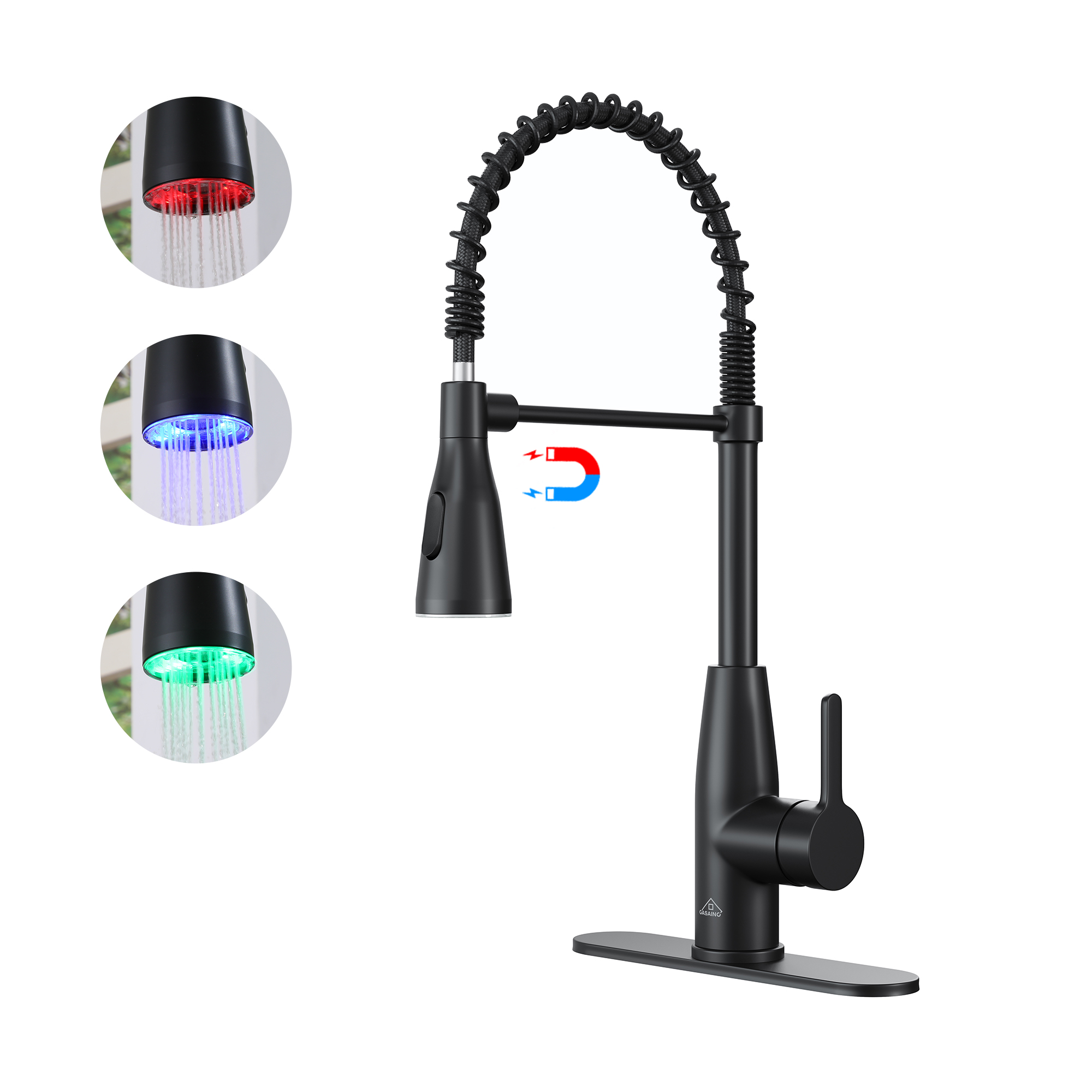 Single Handle Pull Down Sprayer Kitchen Faucet with LED Lights Temperature Display in Matte Black