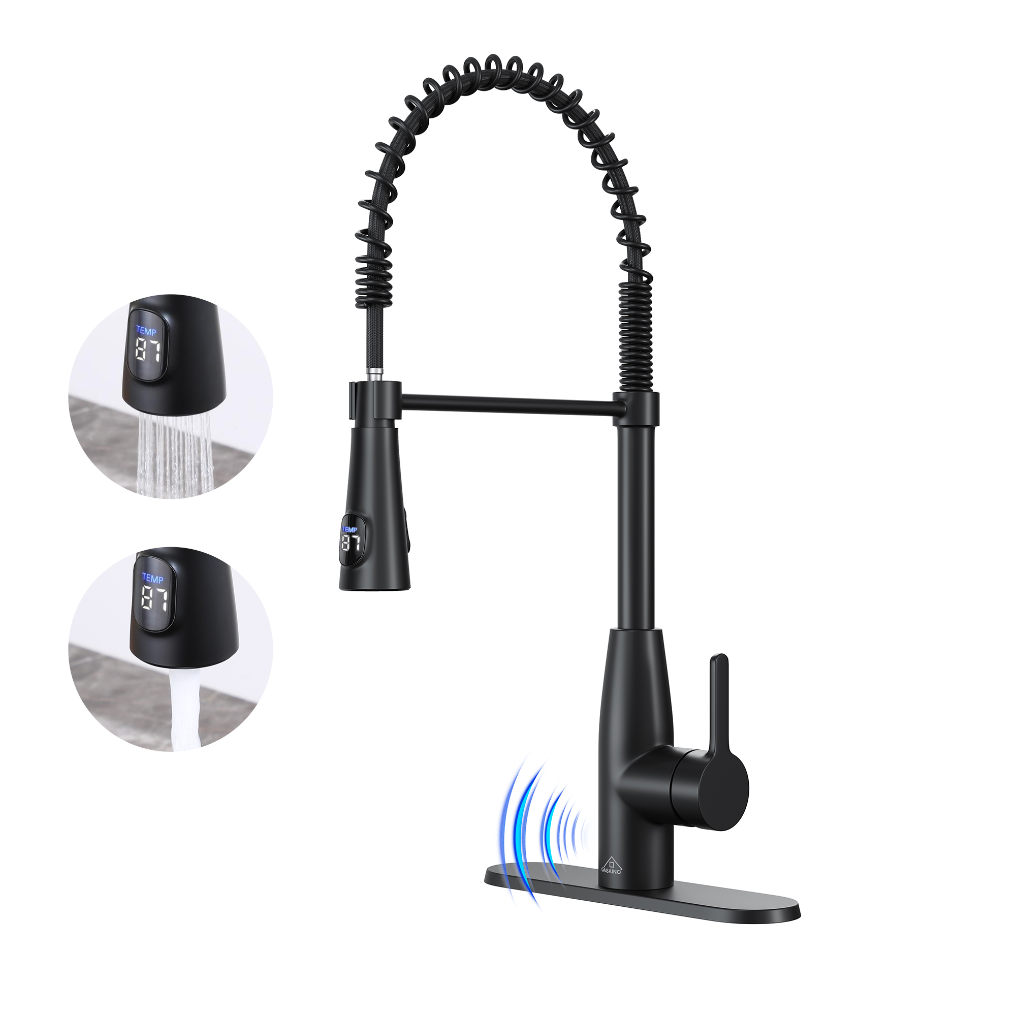Single Handle Pull Down Sprayer Kitchen Faucet with Touchless Sensor and Intelligent Temperature Display in Matte Black