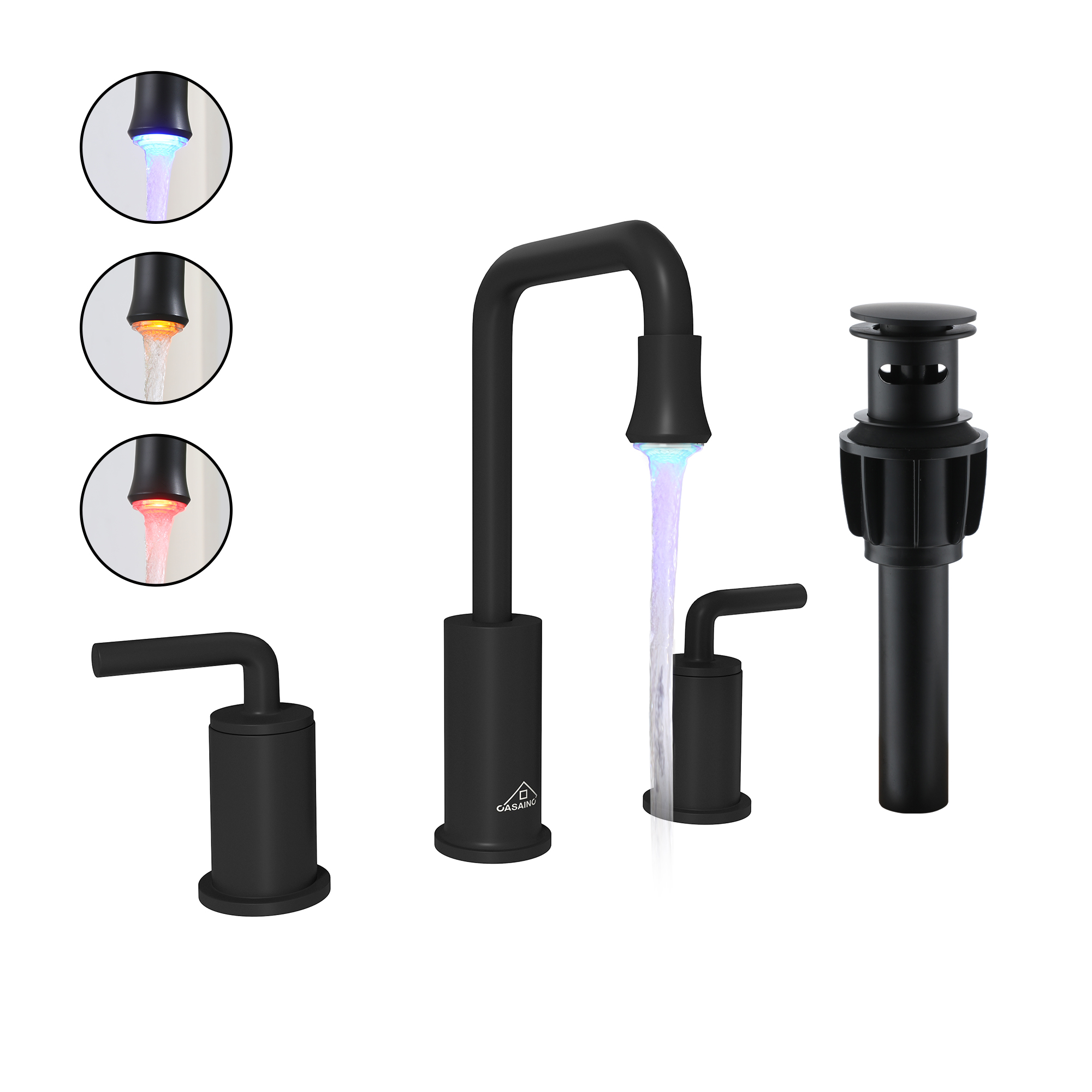 8 in. Widespread Double Handle Bathroom Faucet with LED Light Temperature Display in Matte Black