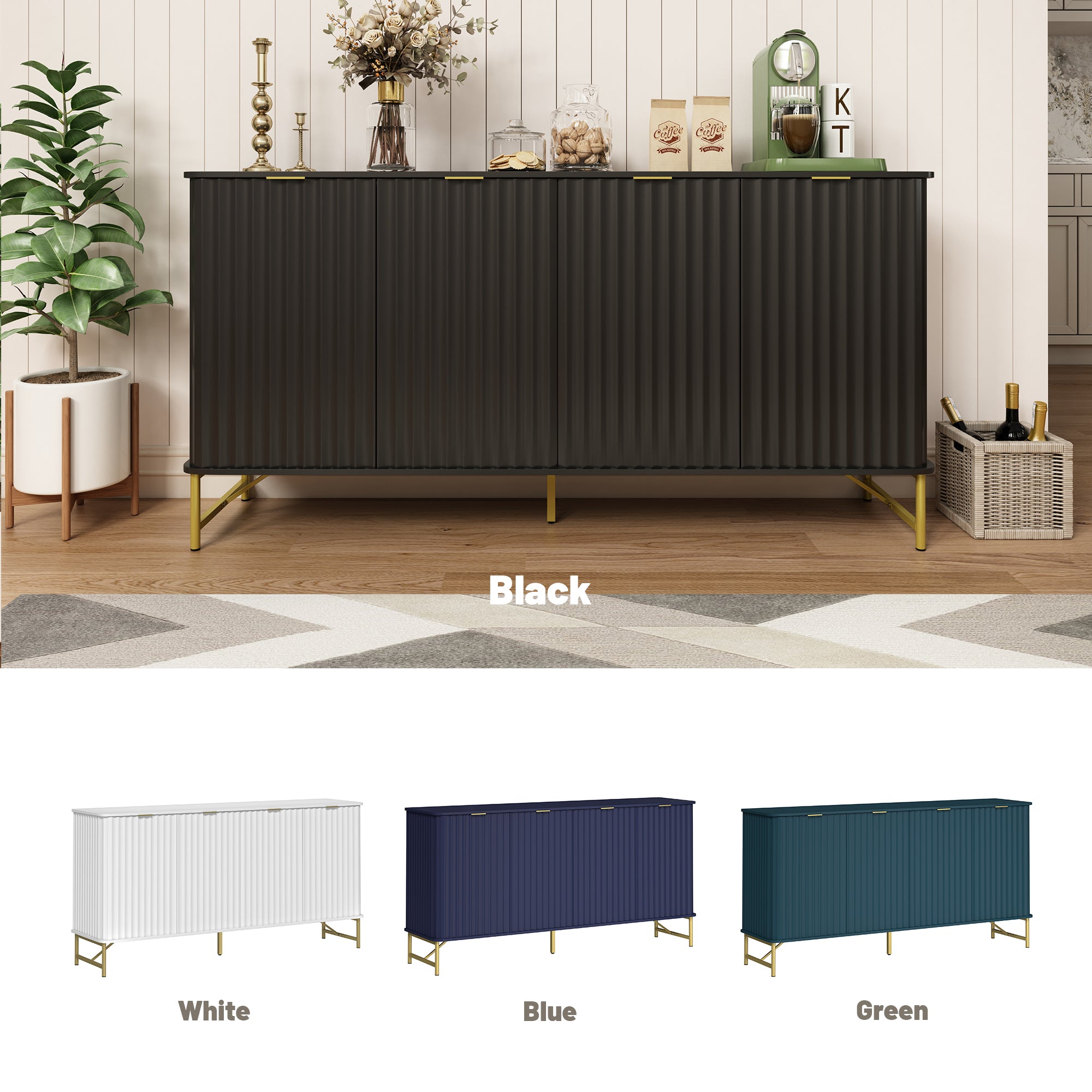 Storage Cabinet with 4 Doors，63 Inch Monden Accent Cabinet，Free-Standing Sideboard with Gold Legs for Hallway, Living Room