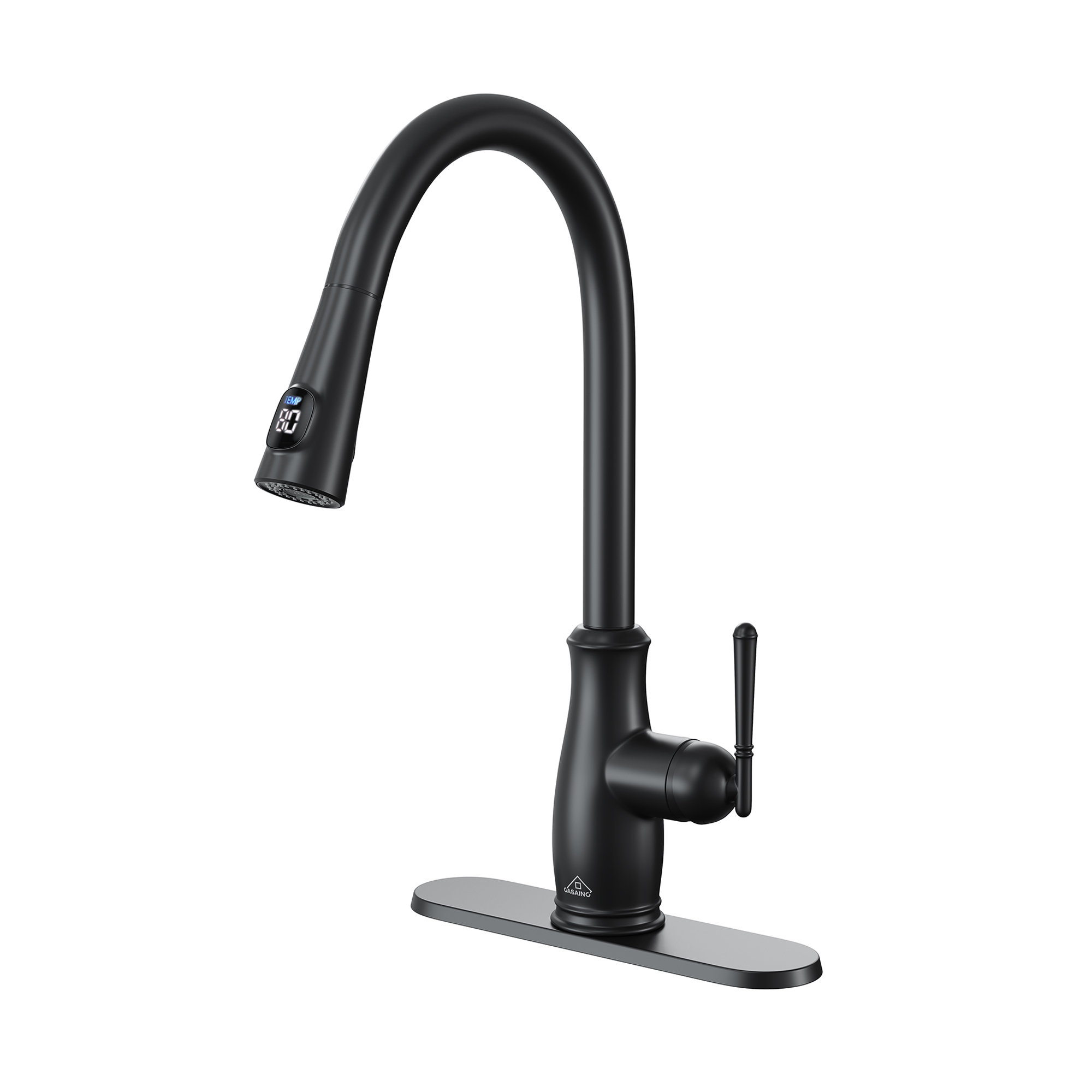Single Handle Pull Down Sprayer Kitchen Faucet with Intelligent Temperature Display in Matte Black