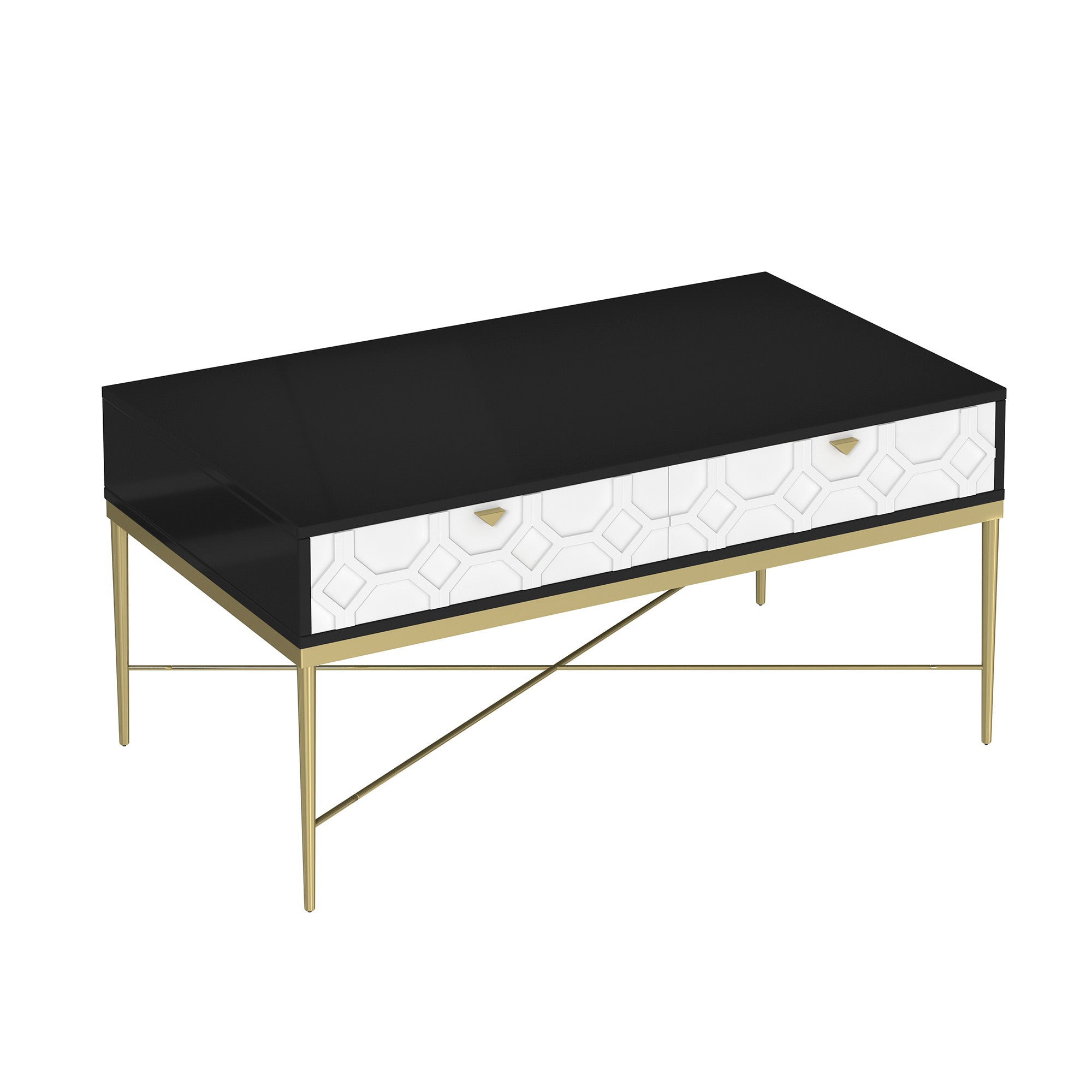 47'' Coffee Table for Living Room, Modern Coffee Table with Storage, Wood Coffee Table Center Table with 2 Drawers, High Gloss, Metal Legs