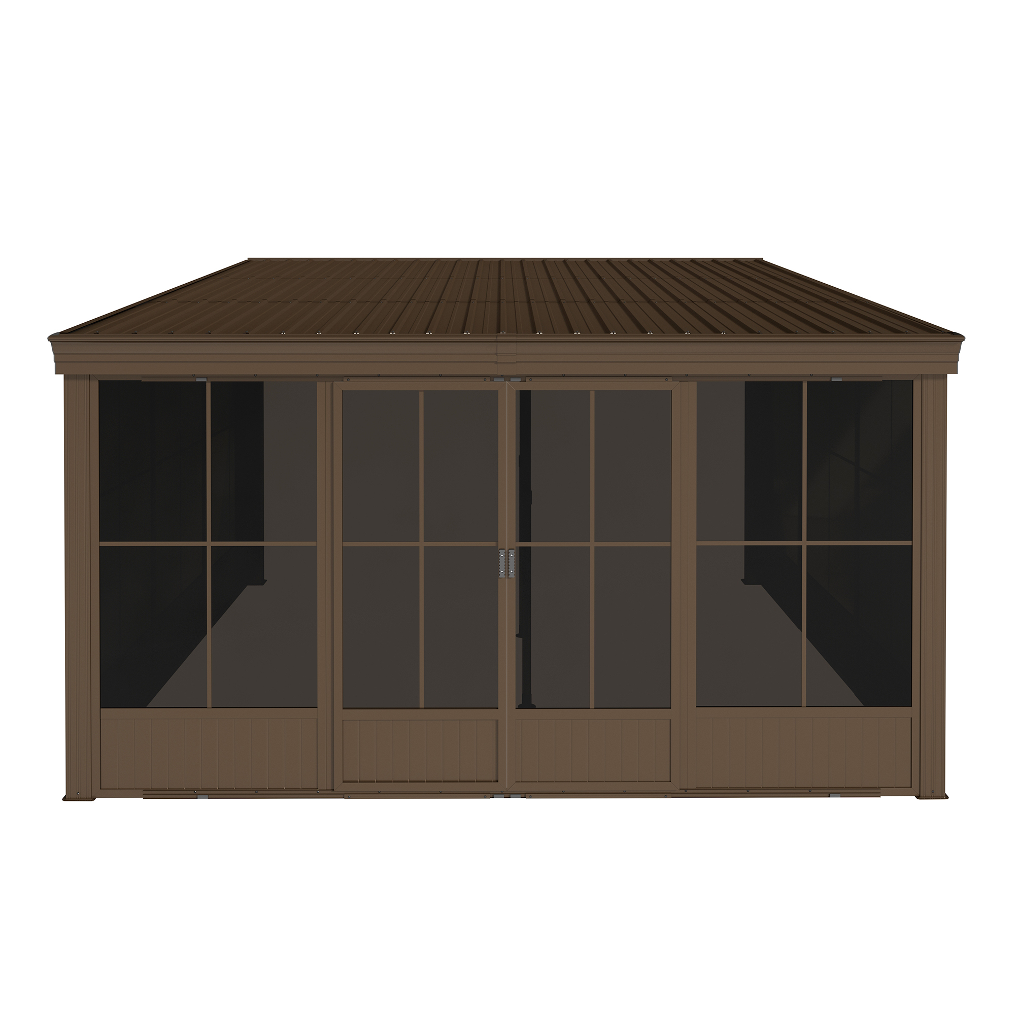 12x14FT Wall Mounted Sunroom, Against Wall Solarium with Galvanized Steel Sloping Roof, Detachable PVC Screen, Lockable Sliding Front and Side Doors, Lean-to Gazebo Sun Room for Deck Patio