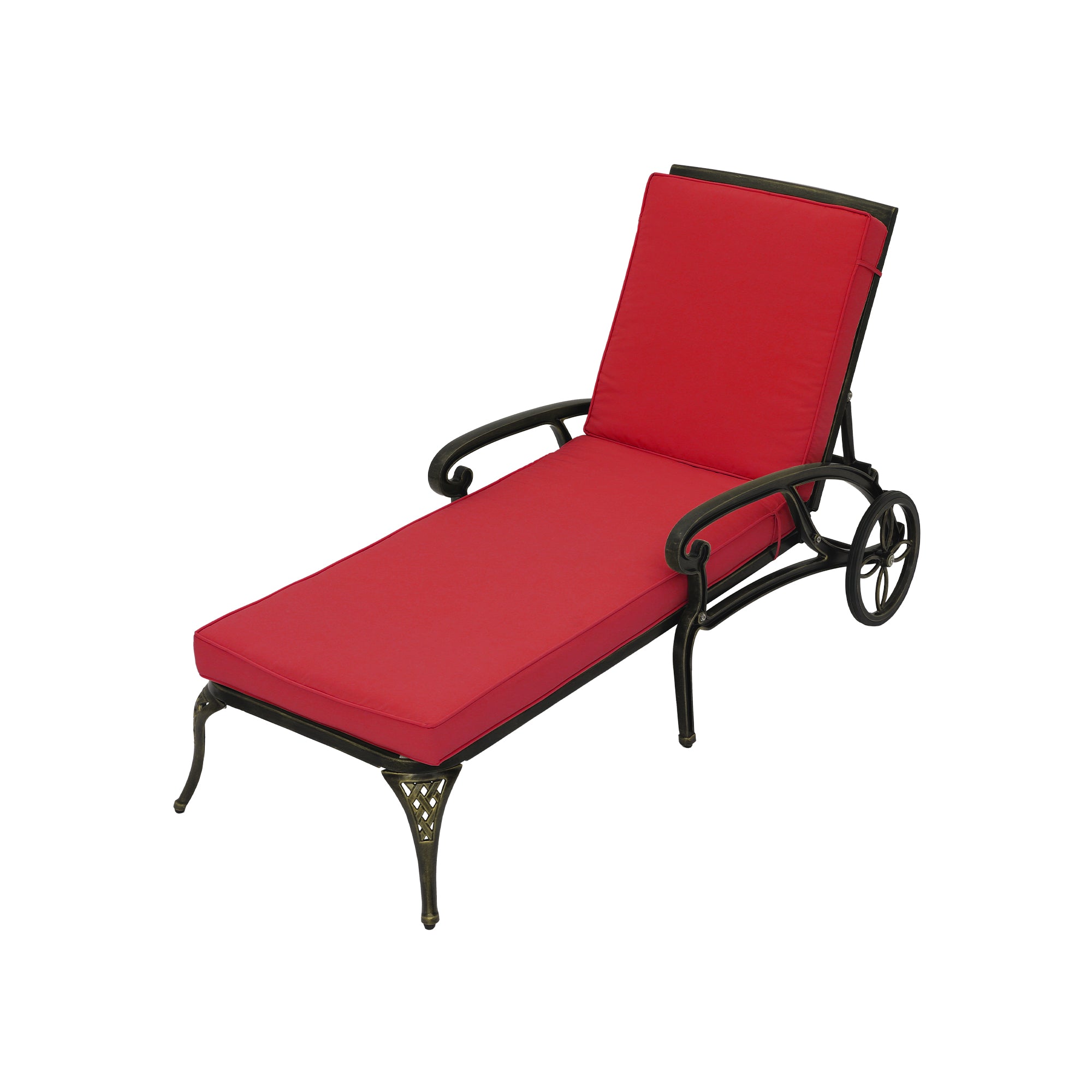 Cast Aluminum Outdoor Chaise Lounge with Removable Beige/Red Cushion