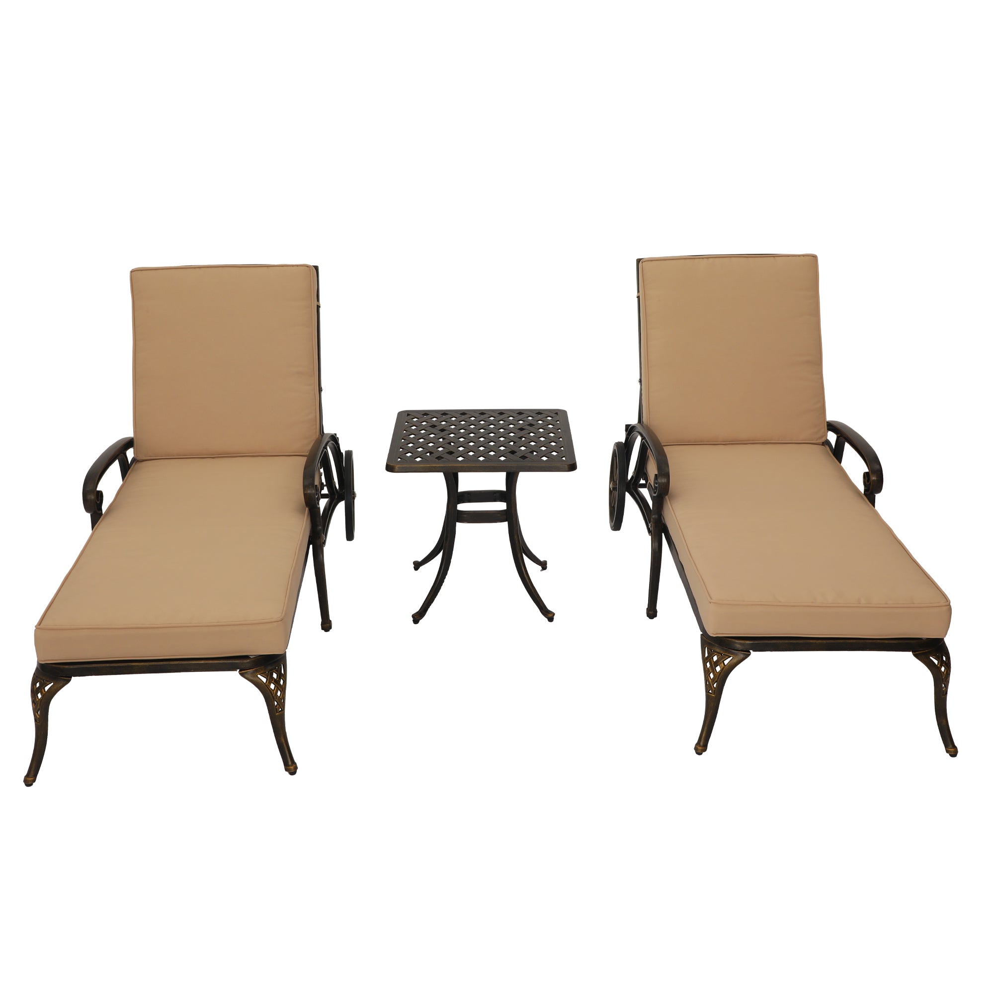 3-Piece Cast Aluminum Outdoor Chaise Lounge with Side Table and Beige/Red Cushion