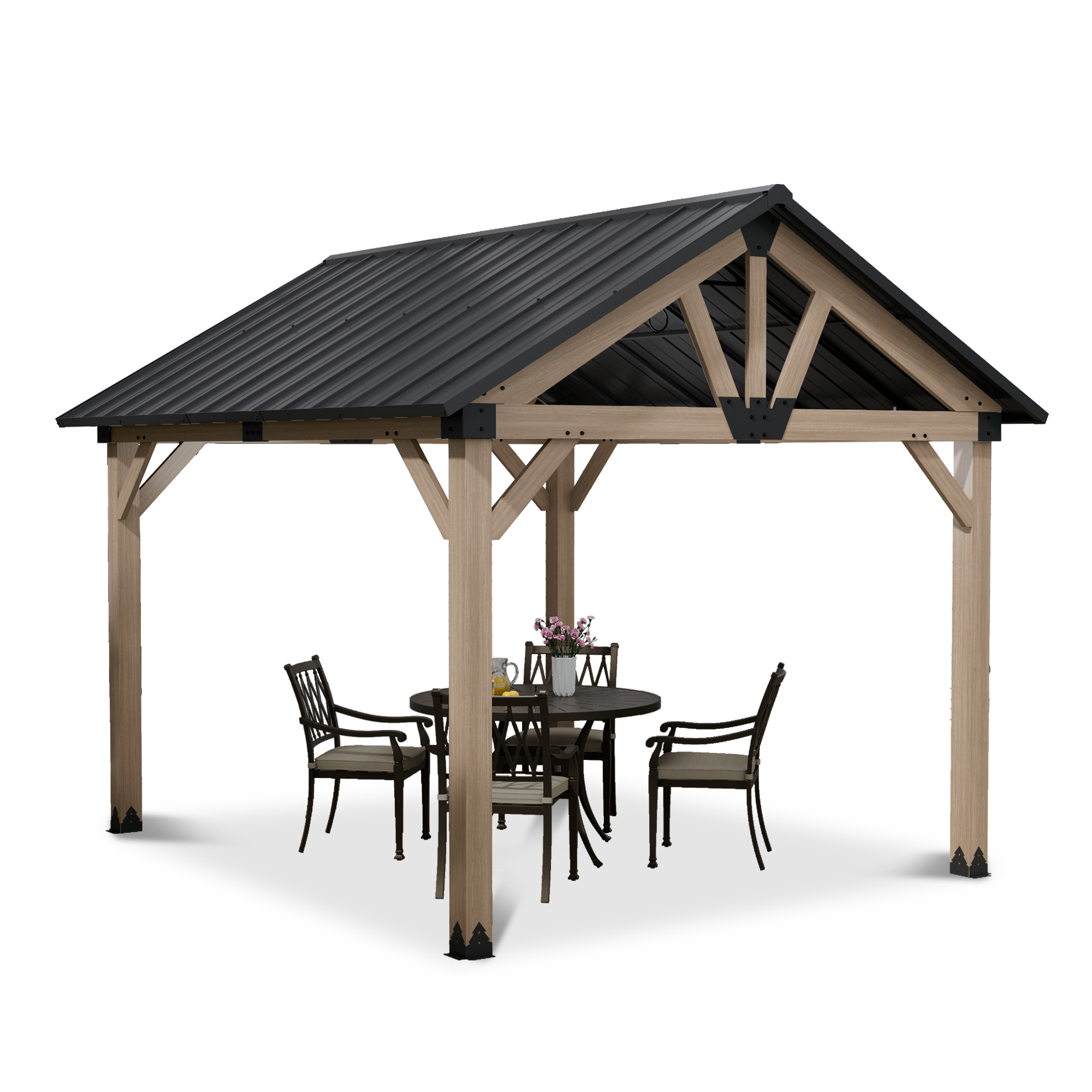 10 ft. x 12 ft. Outdoor Cedar Wood Frame Patio Gazebo Canopy Galvanized Steel Gable Hardtop Roof for Patio Lawn Backyard - Greenwich Serie