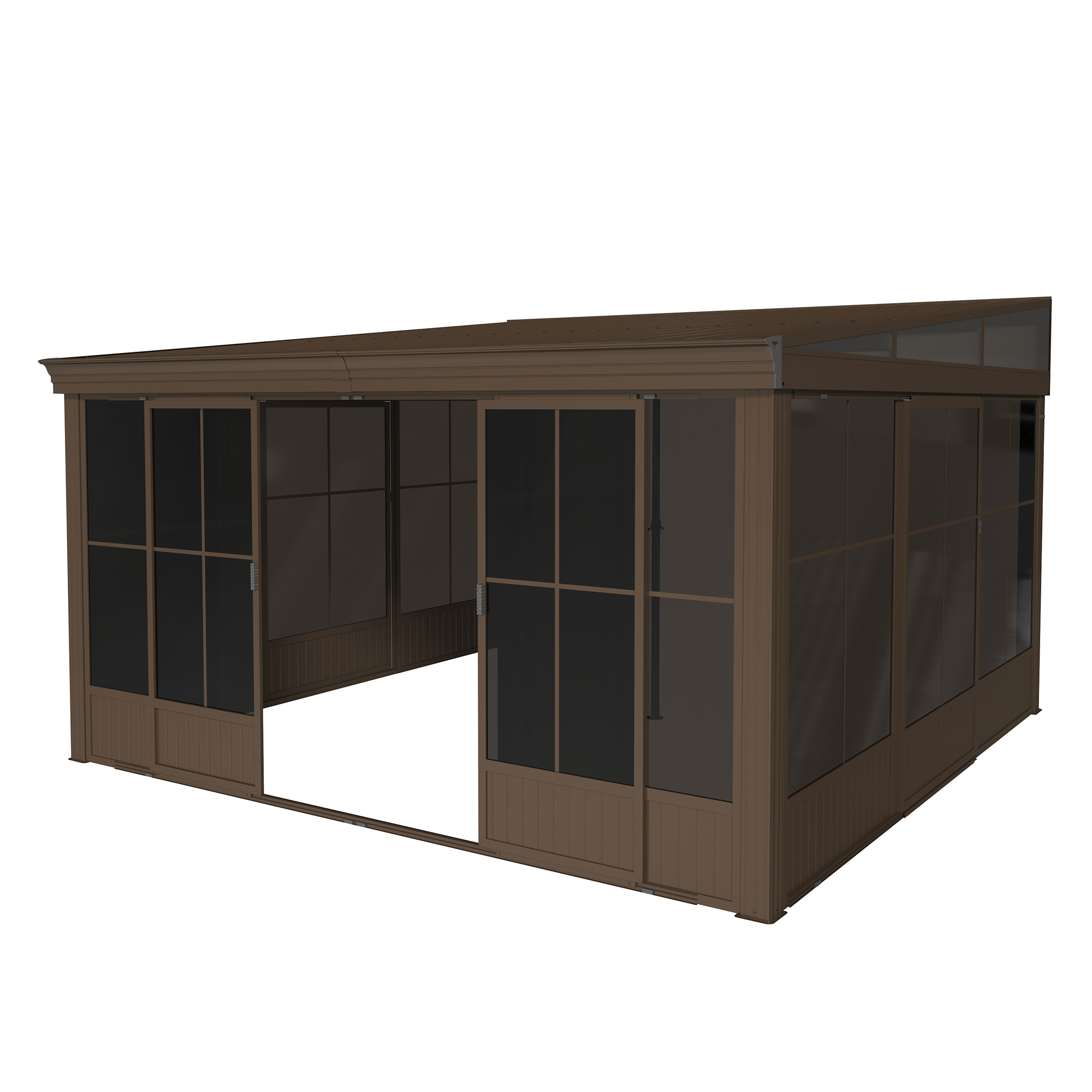 12x14FT Wall Mounted Sunroom, Against Wall Solarium with Galvanized Steel Sloping Roof, Detachable PVC Screen, Lockable Sliding Front and Side Doors, Lean-to Gazebo Sun Room for Deck Patio
