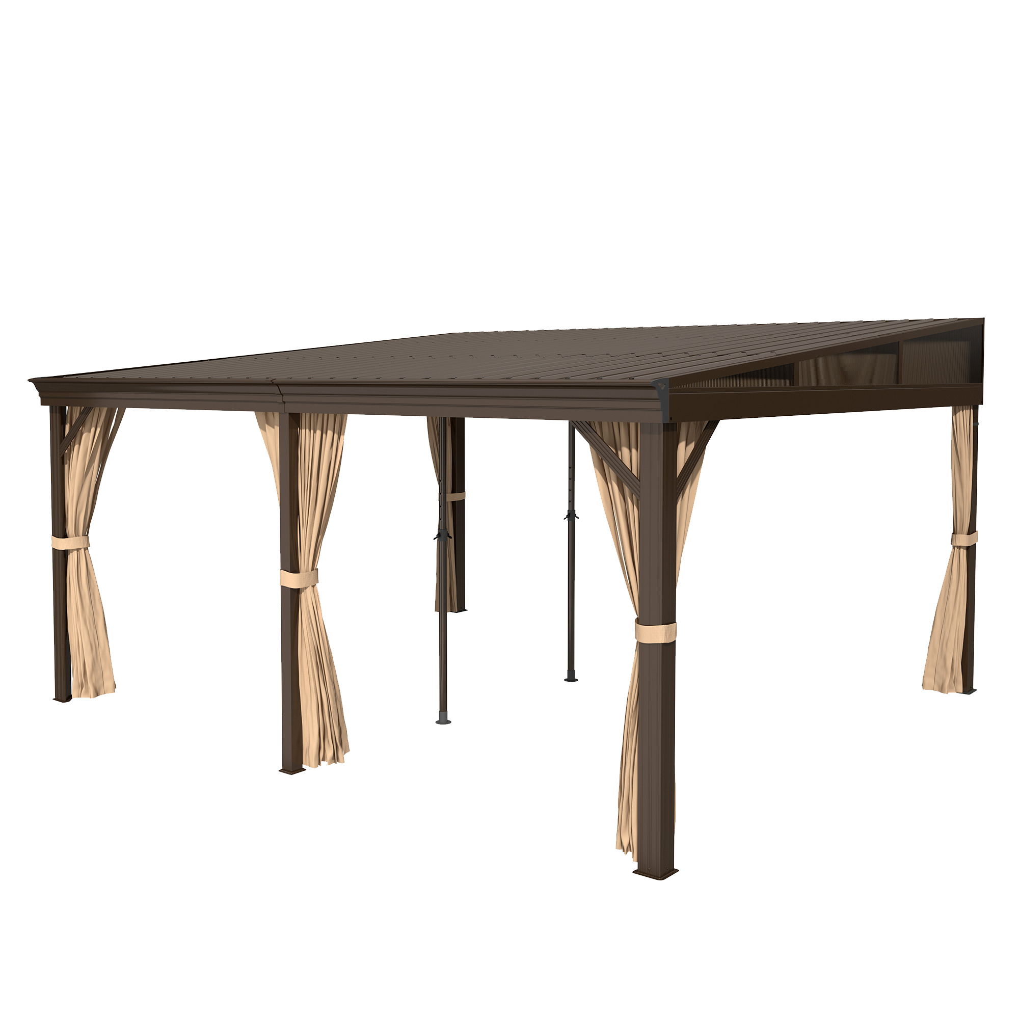 12x16FT Lean to Gazebo, Hardtop Wall Mounted Gazebo with Sloping Galvanized Steel Roof, Aluminum Frame, Drainage System, Curtains and Netting, for Patio, Deck, Garden, Backyard