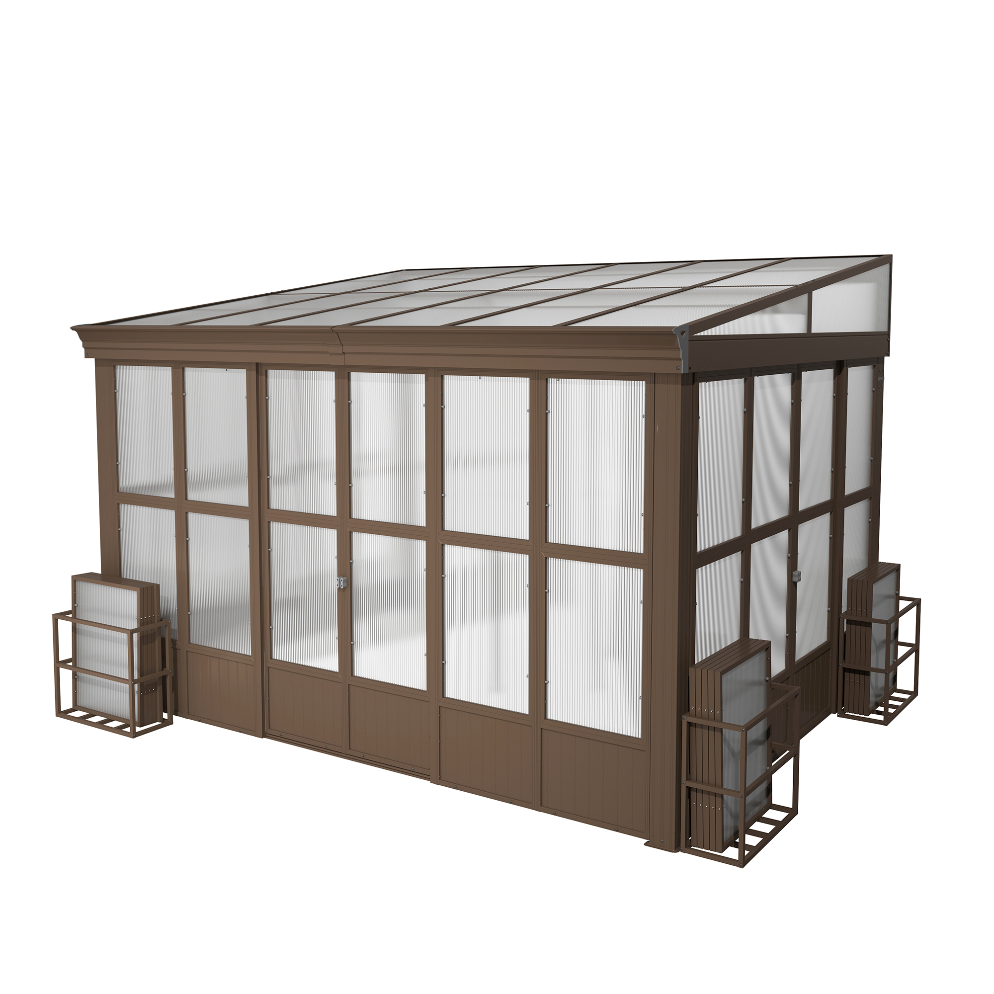 Lean-to Sunroom 10x12FT, Wall Mounted Solarium with Sloping Polycarbonate Roof, Detachable Polycarbonate Screens, 2 Lockable Sliding Doors, Aluminum Gazebo Against Wall Sun Room for Patio Deck