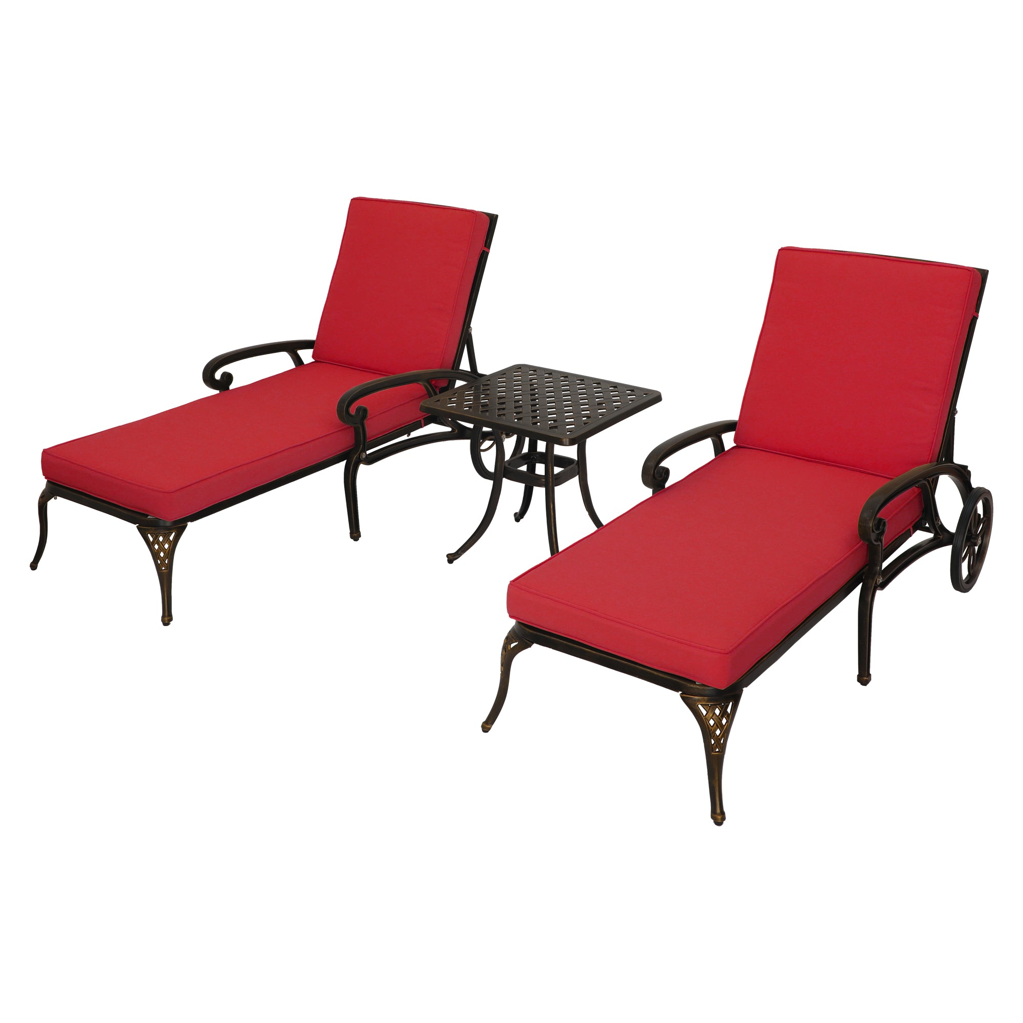 3-Piece Cast Aluminum Outdoor Chaise Lounge with Side Table and Beige/Red Cushion