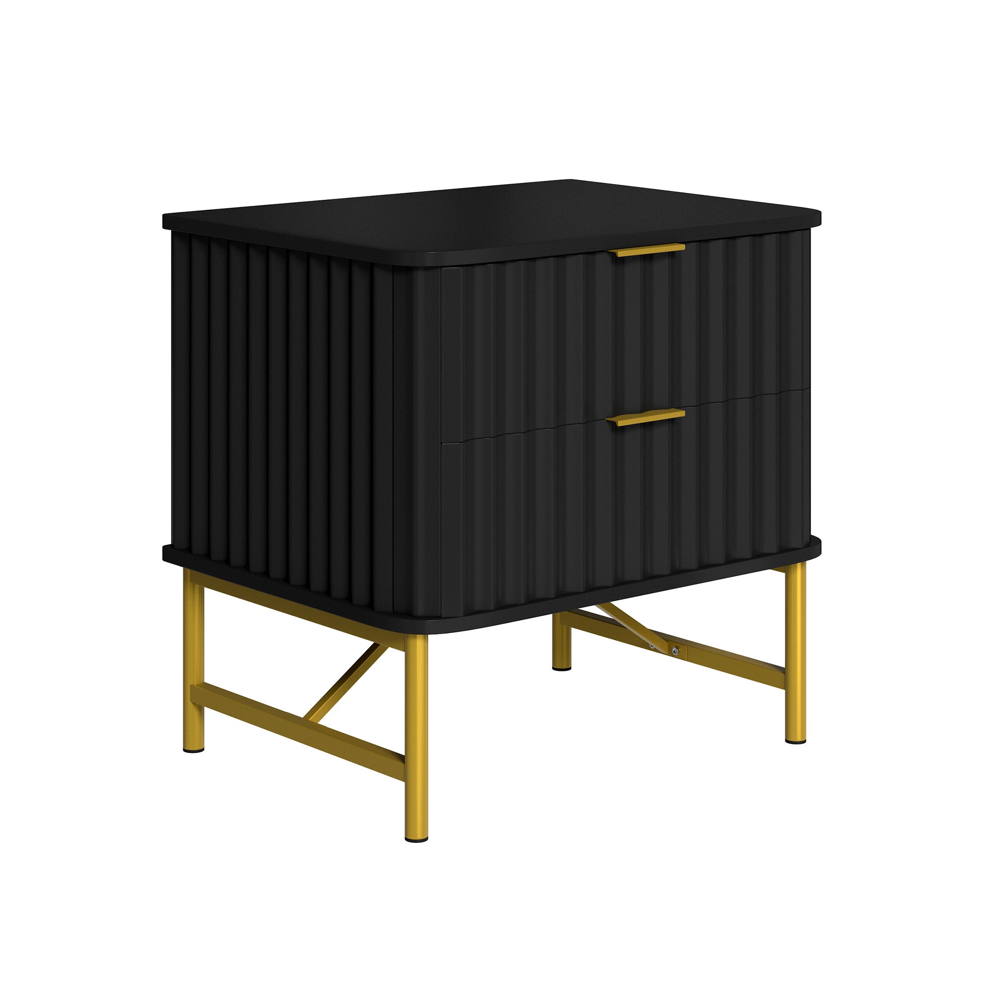 19 Inch Nightstand，Modern End Table with 2 Drawers，2 Tier Side Table with Gold Legs for Bedroom, Living Room, Black