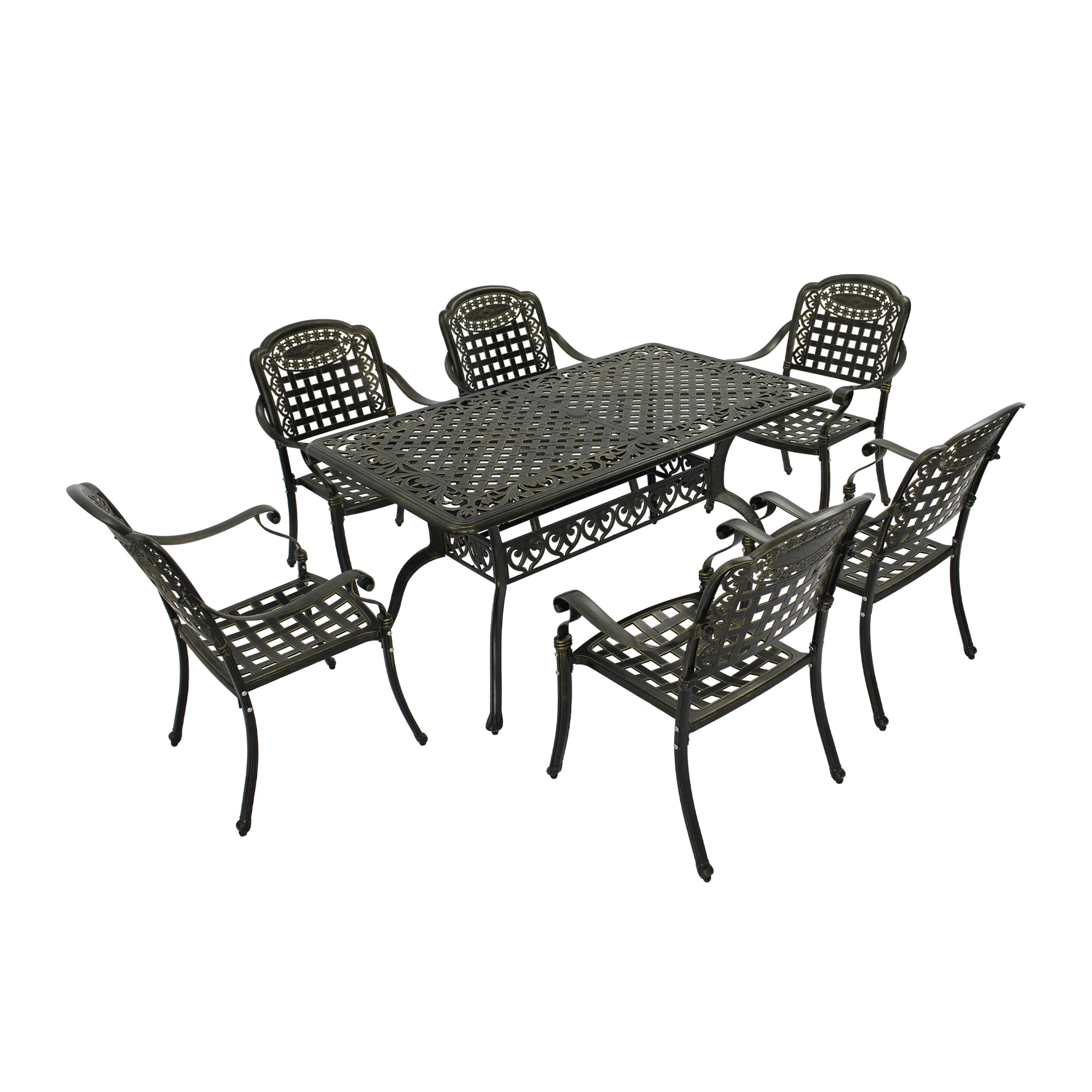 Mondawe Cast Aluminium Patio-Set 7-Piece Bronze Patio Dining Set Aluminum Rectangle Table with 6 Stationary Chairs