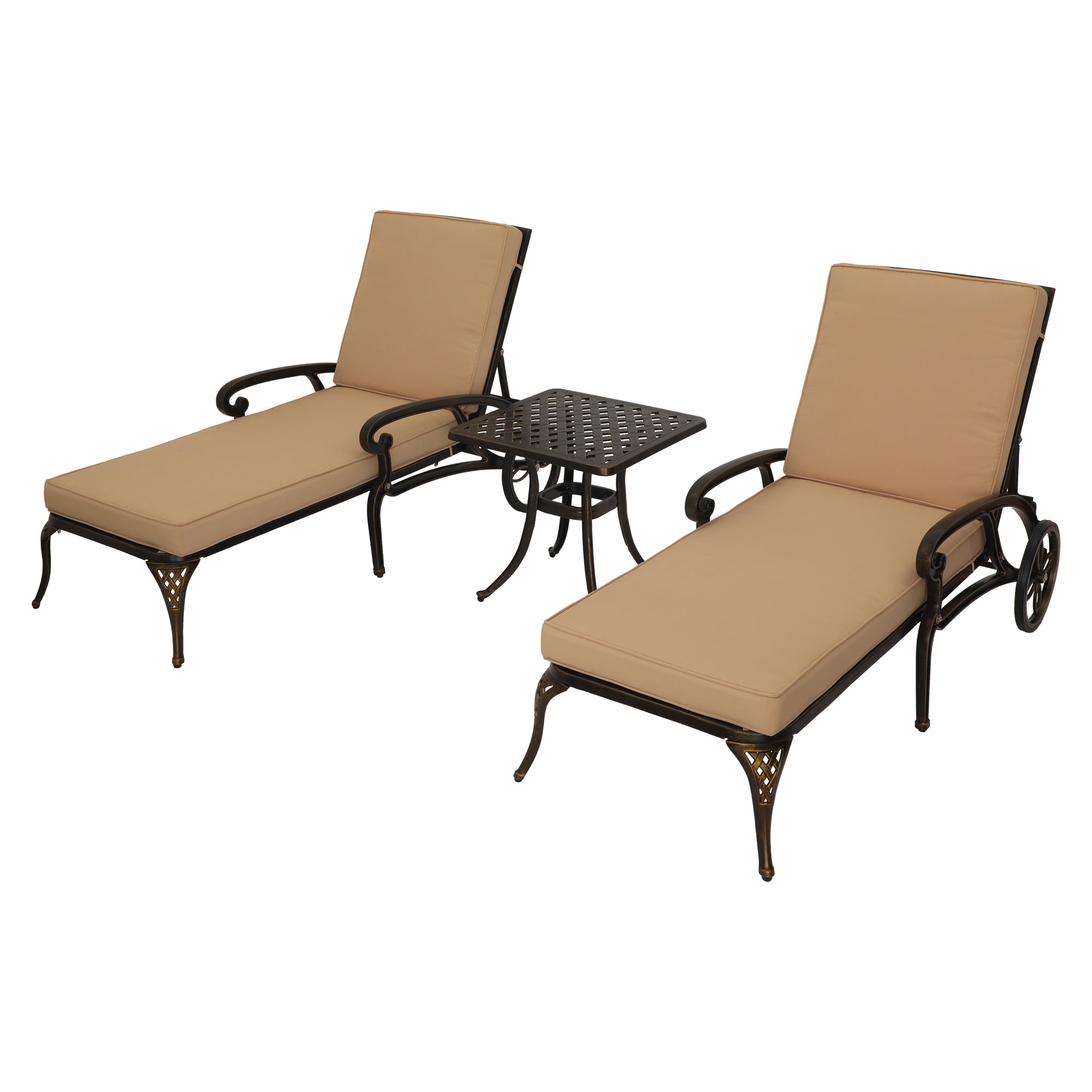3-Piece Cast Aluminum Outdoor Chaise Lounge with Side Table and Beige/Red Cushion