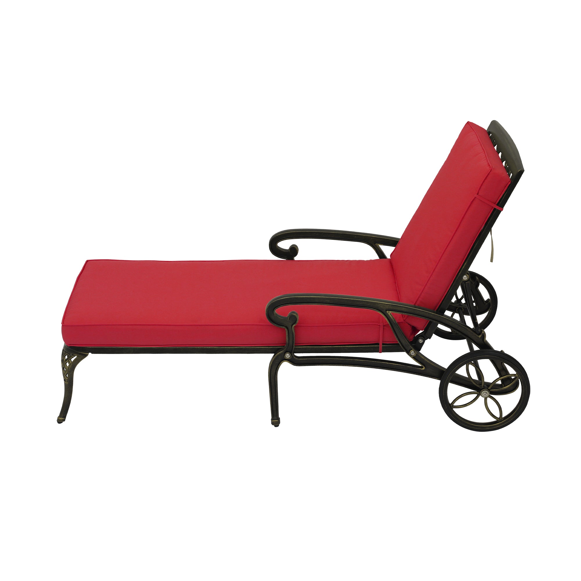 Cast Aluminum Outdoor Chaise Lounge with Removable Beige/Red Cushion