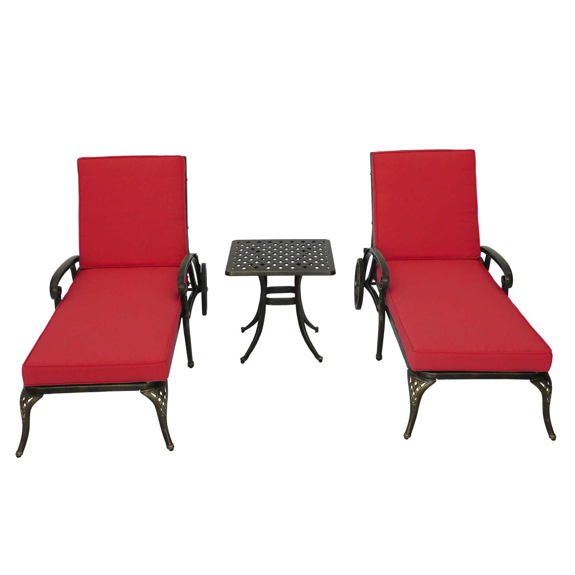 Cast Aluminum Outdoor Chaise Lounge with Removable Beige/Red Cushion