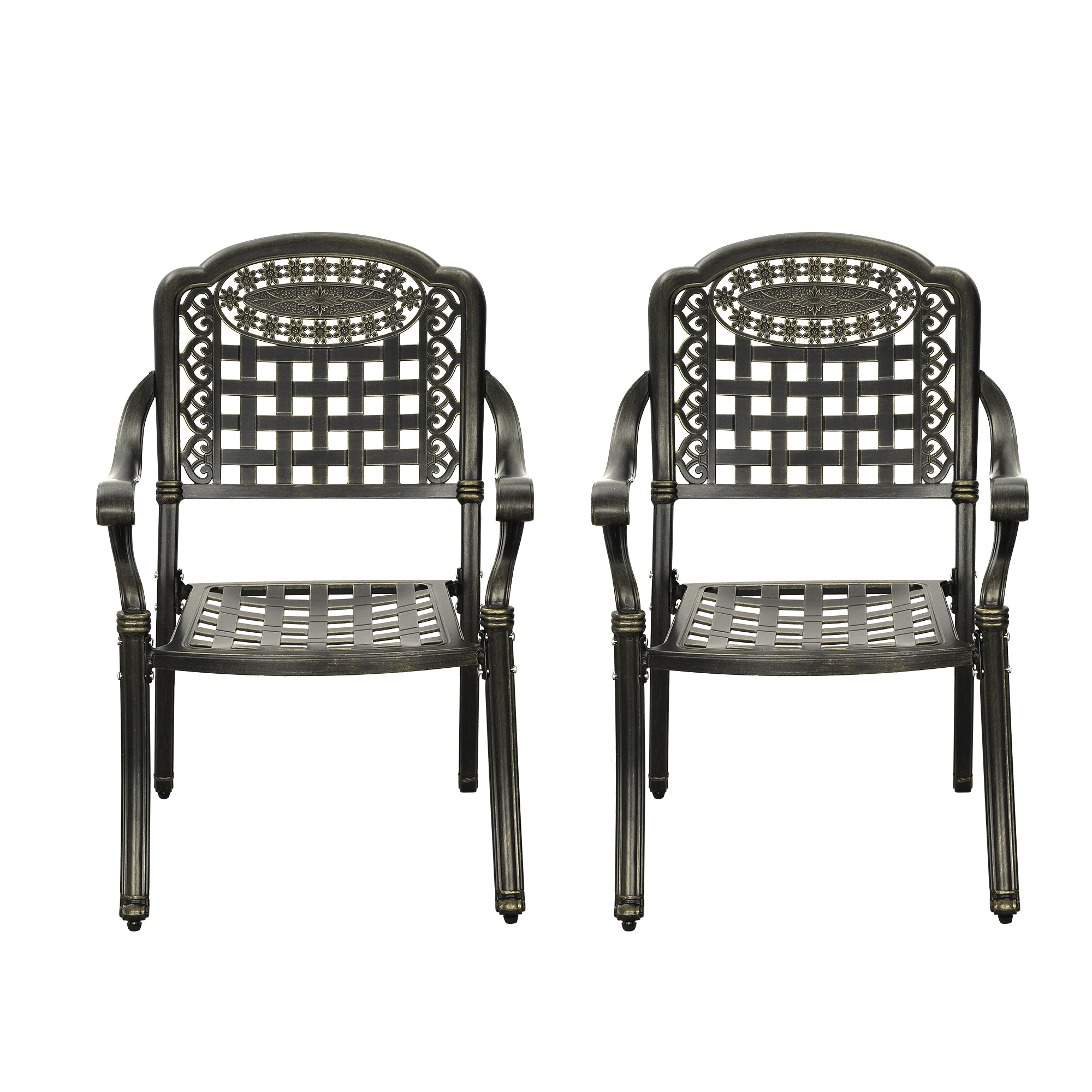 Cast Aluminium Patio Chairs Set of 2 White/Bronze Aluminum Frame Stationary Dining Chair with Mesh Seat