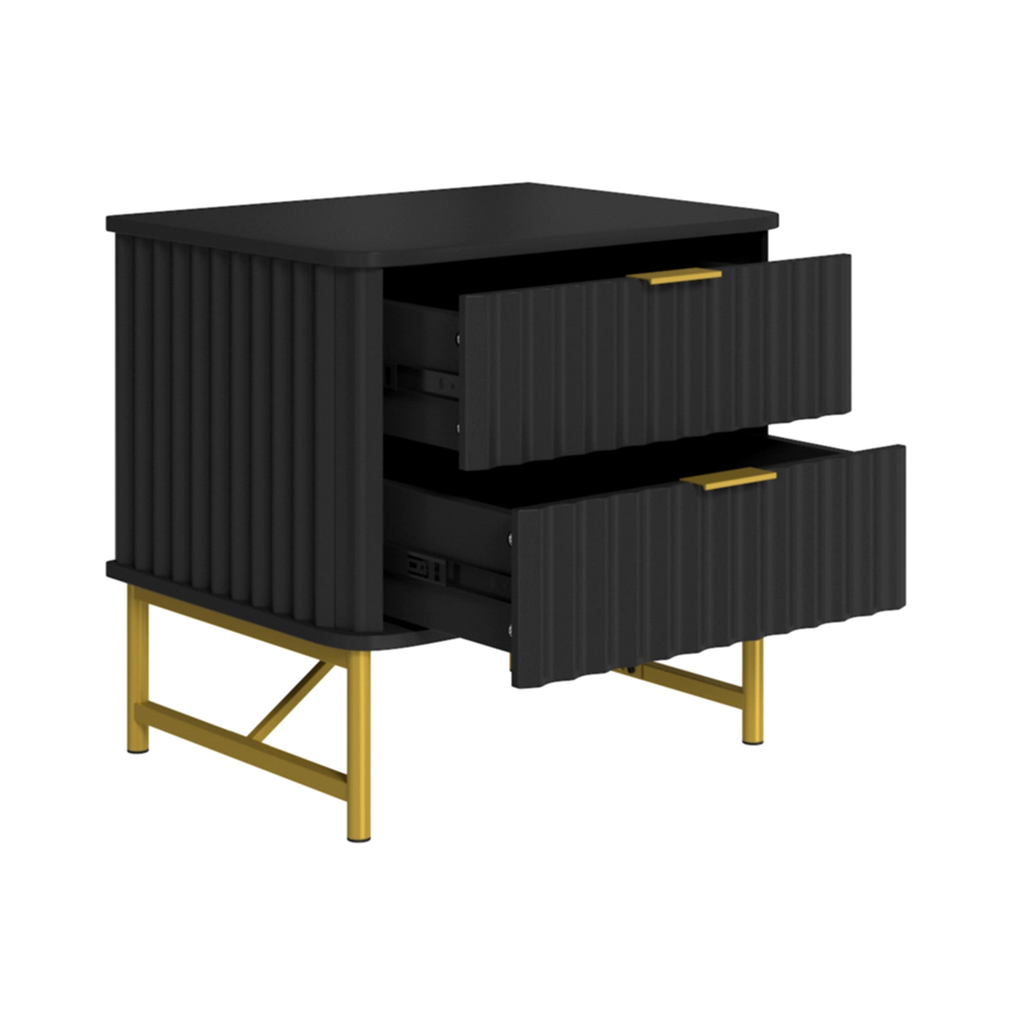 19 Inch Nightstand，Modern End Table with 2 Drawers，2 Tier Side Table with Gold Legs for Bedroom, Living Room, Black