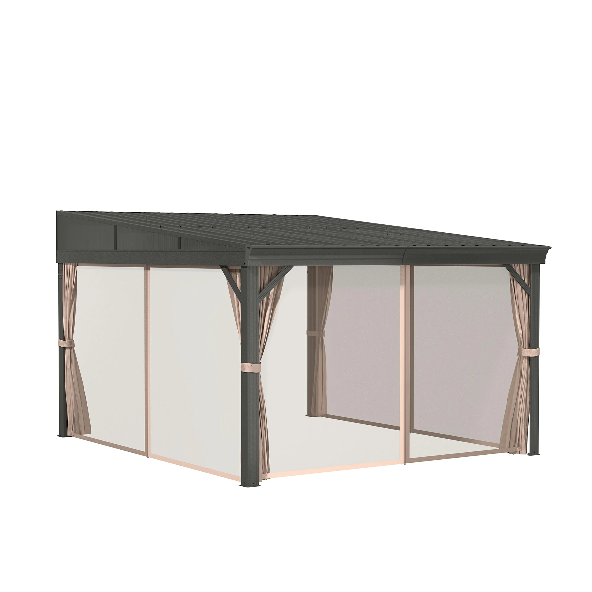 Outdoor Wall-Mounted Hardtop Gazebo Aluminum Frame Galvanized Steel Roof Sunroom with Curtains and Netting