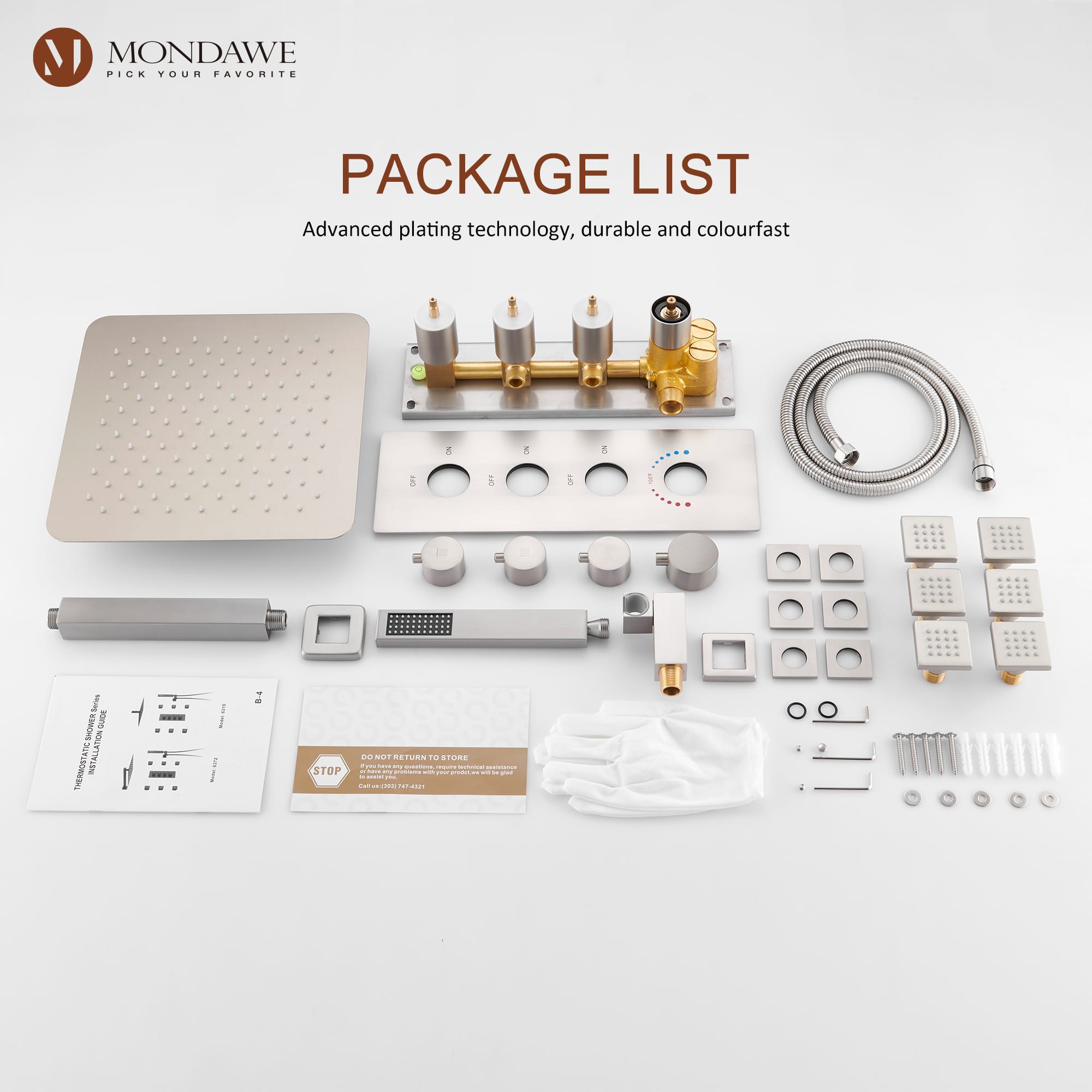 Mondawe Ceiling Mount Thermostatic Rainfall Shower System Set with Hand Held Shower Head and 6 Body Jets-Mondawe