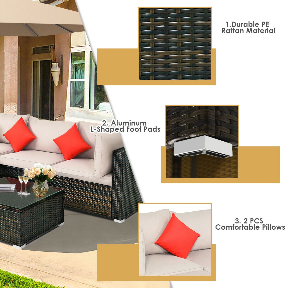 Mondawe 5 Pcs Outdoor Patio Rattan Furniture Set Sectional Conversation-Mondawe