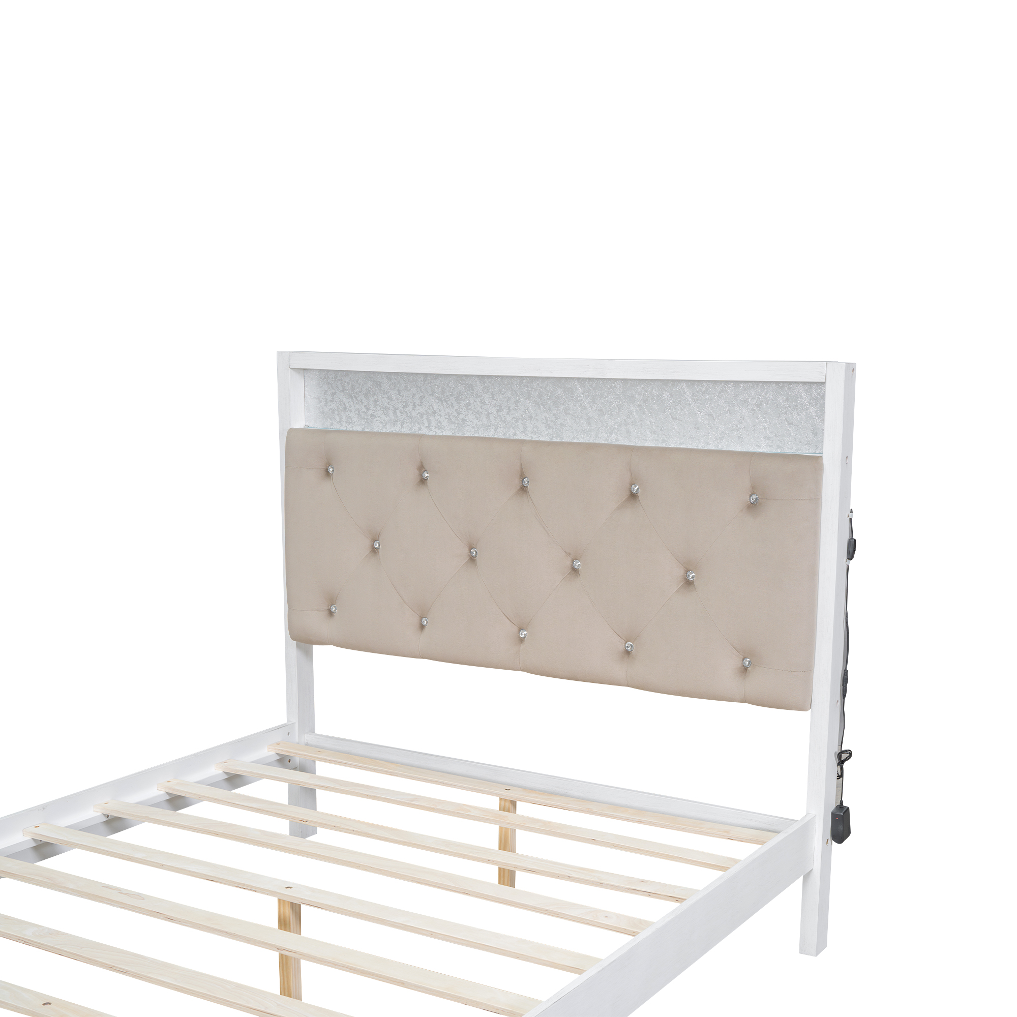 Wood Queen/Full Size Platform Bed with Upholstered Headboard and LED and 2 Drawers, Antique White 