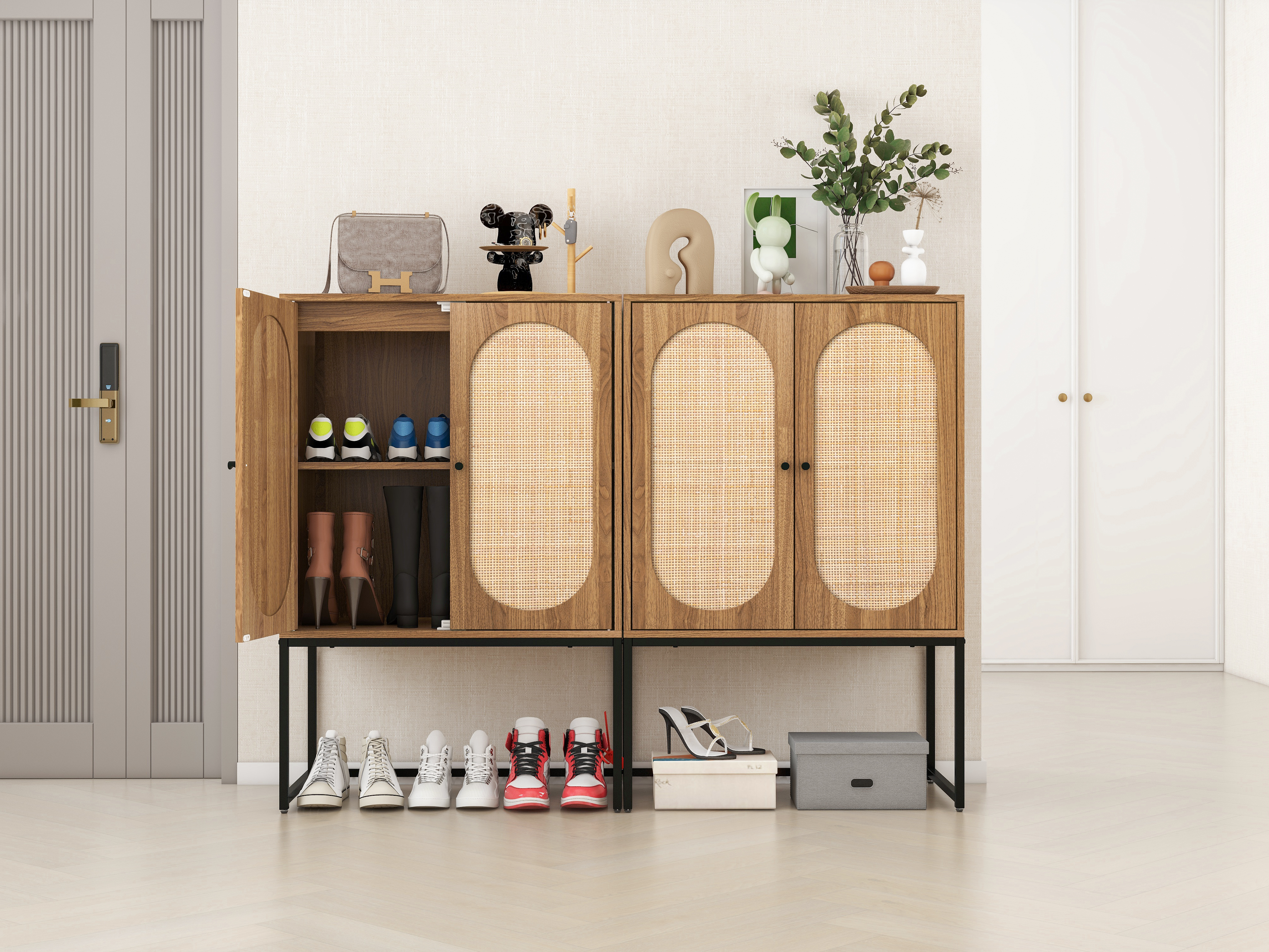 Set of 2, Natural rattan, Allen 2 Door High Cabinet, Rattan, Built-in Adjustable Shelf, Easy Assembly, Free Standing Cabinet for Living Room Bedroom 