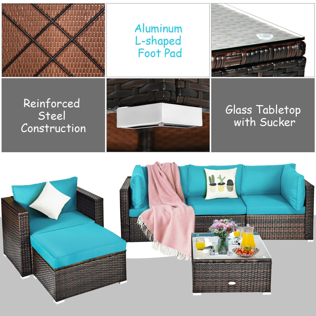 Mondawe 6 Pcs Patio Rattan Furniture Set with Sectional Cushion-Turquoise-Mondawe