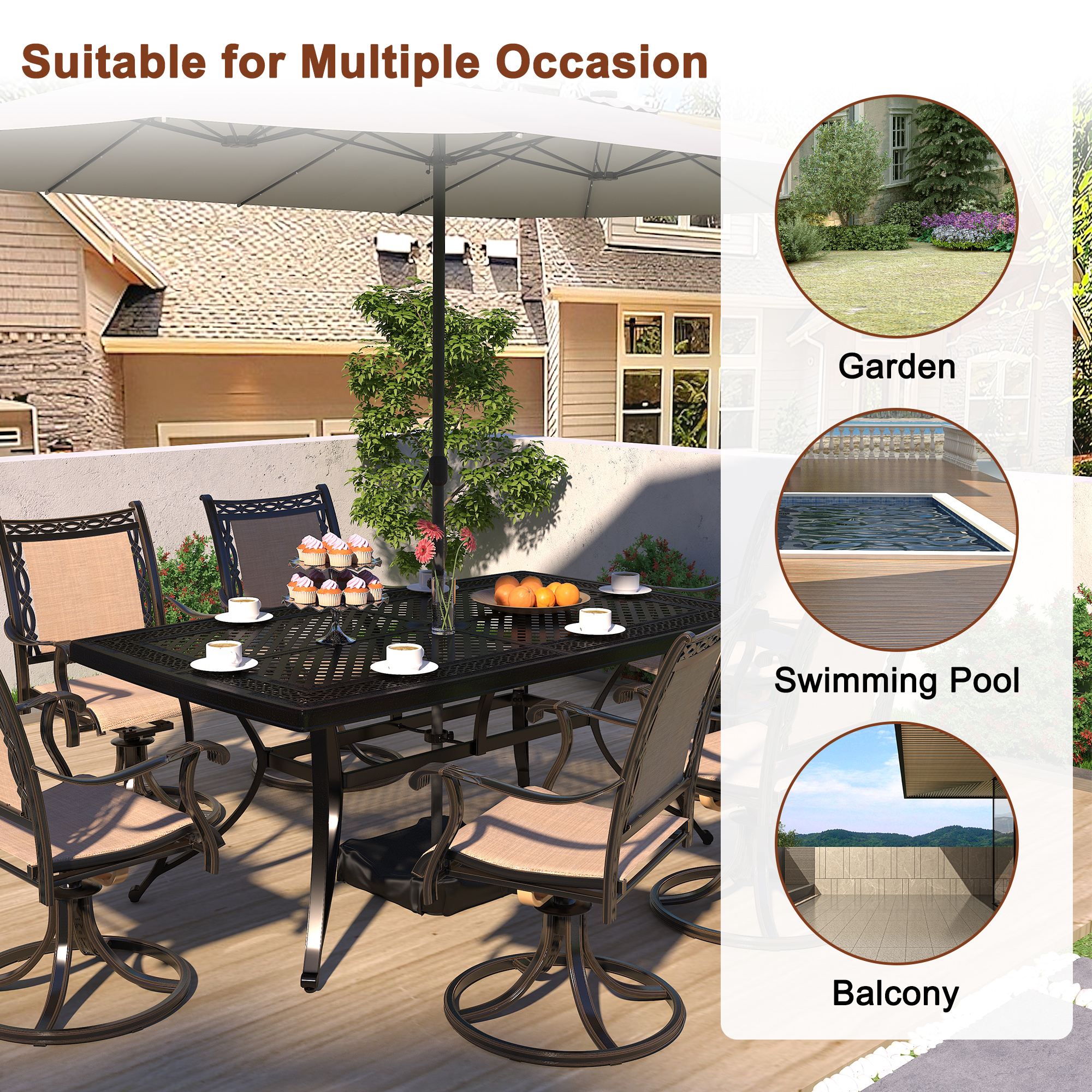 Boyelliving Aluminum Frame Rectangle 28 in. H Outdoor Dining Table with Umbrella Hole in Dark Gold Finished-Boyelliving