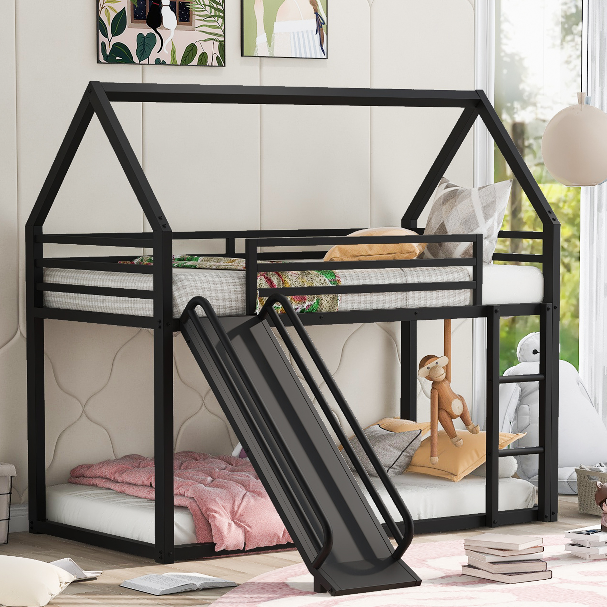 Twin over Twin House Bunk Bed with Ladder and Slide,White/Black