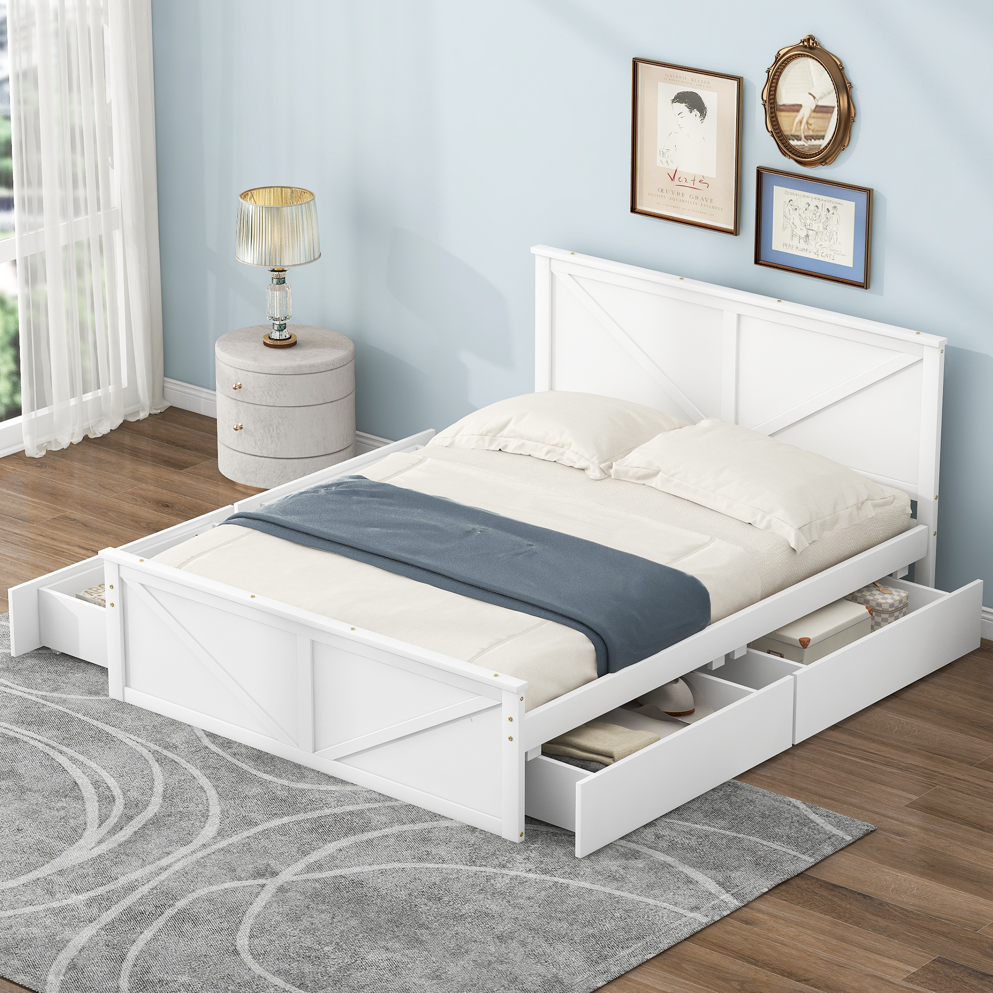 King/Queen Size Wooden Platform Bed with Four Storage Drawers and Support Legs, White/Gray
