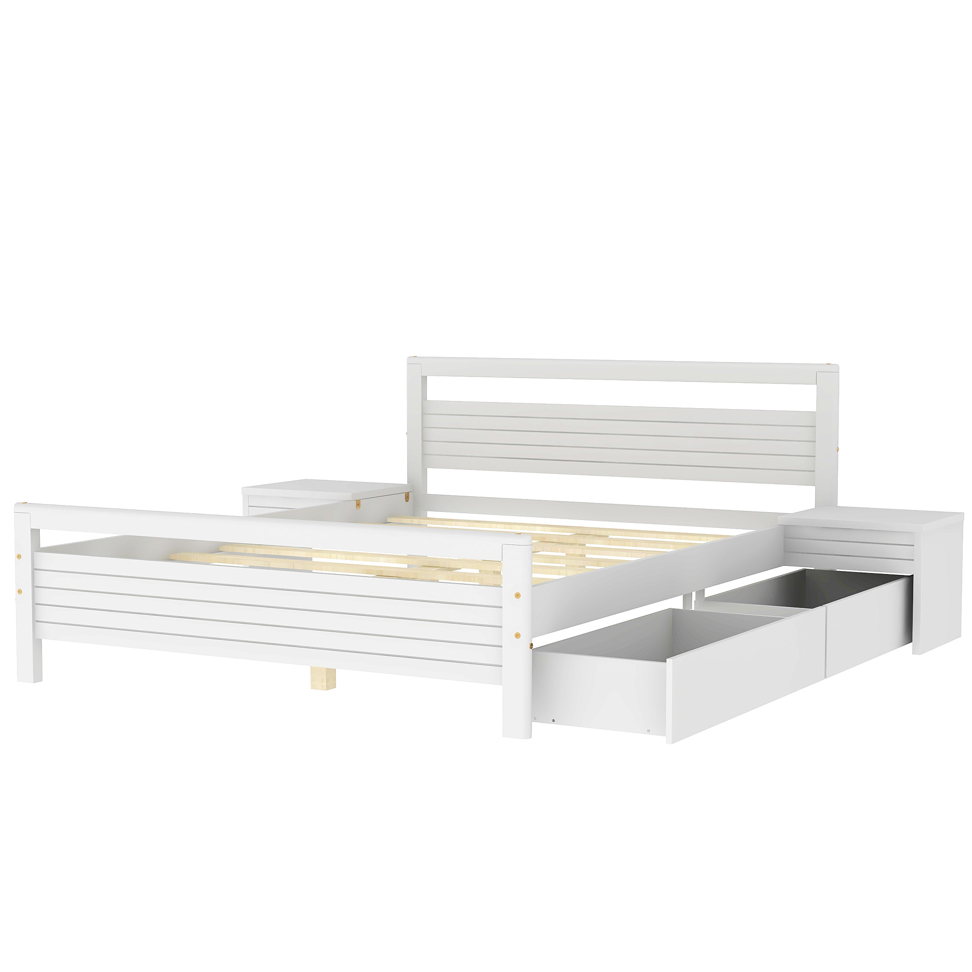 Queen Size Wooden Platform Bed with 2 Storage Drawers and 2 bedside tables, Gray/White 