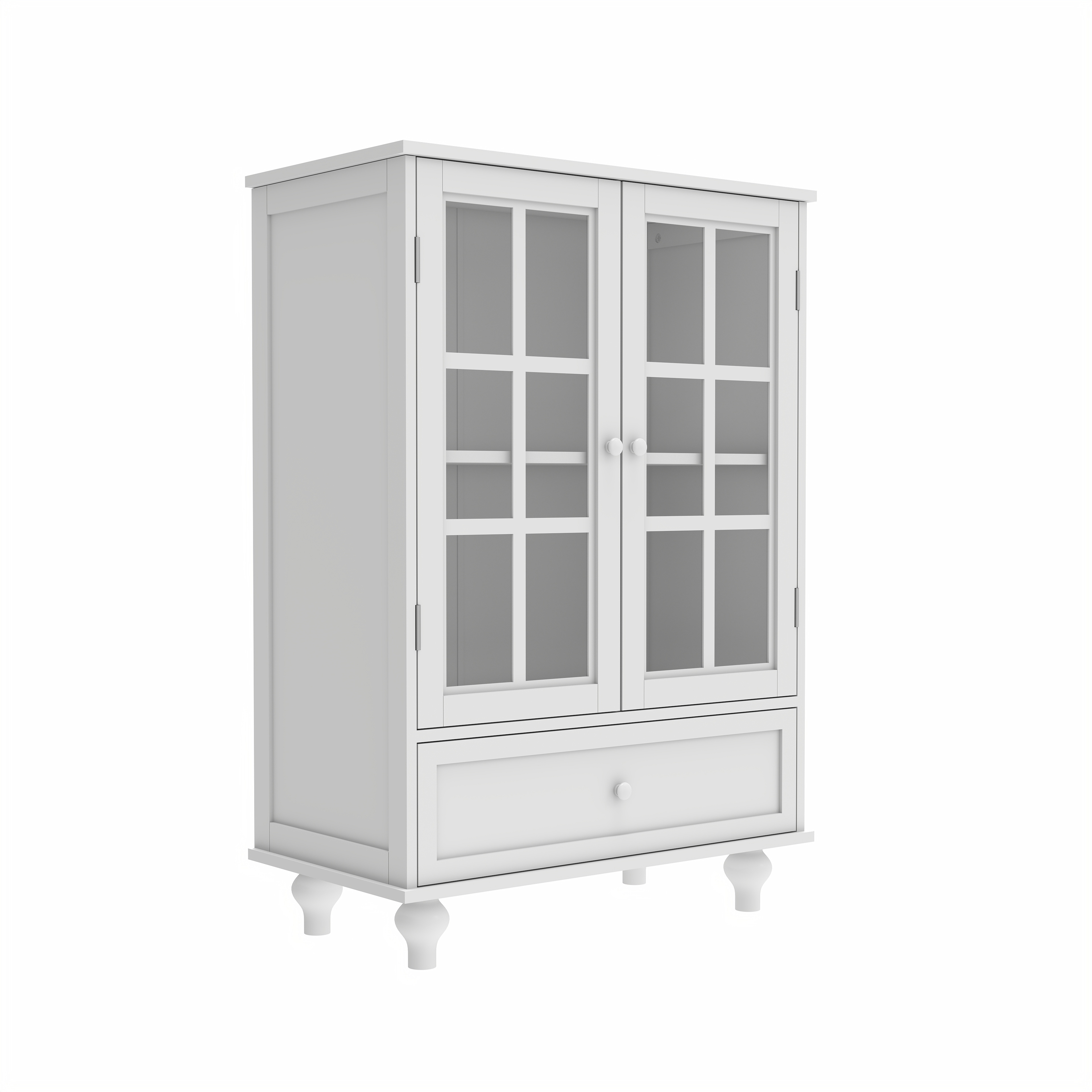 Minimalist White Buffet Cabinet with Double Glass Doors and Drawer, Modern Wooden Storage Sideboard Cupboard for Living room, Dining Room Hallway Entryway 