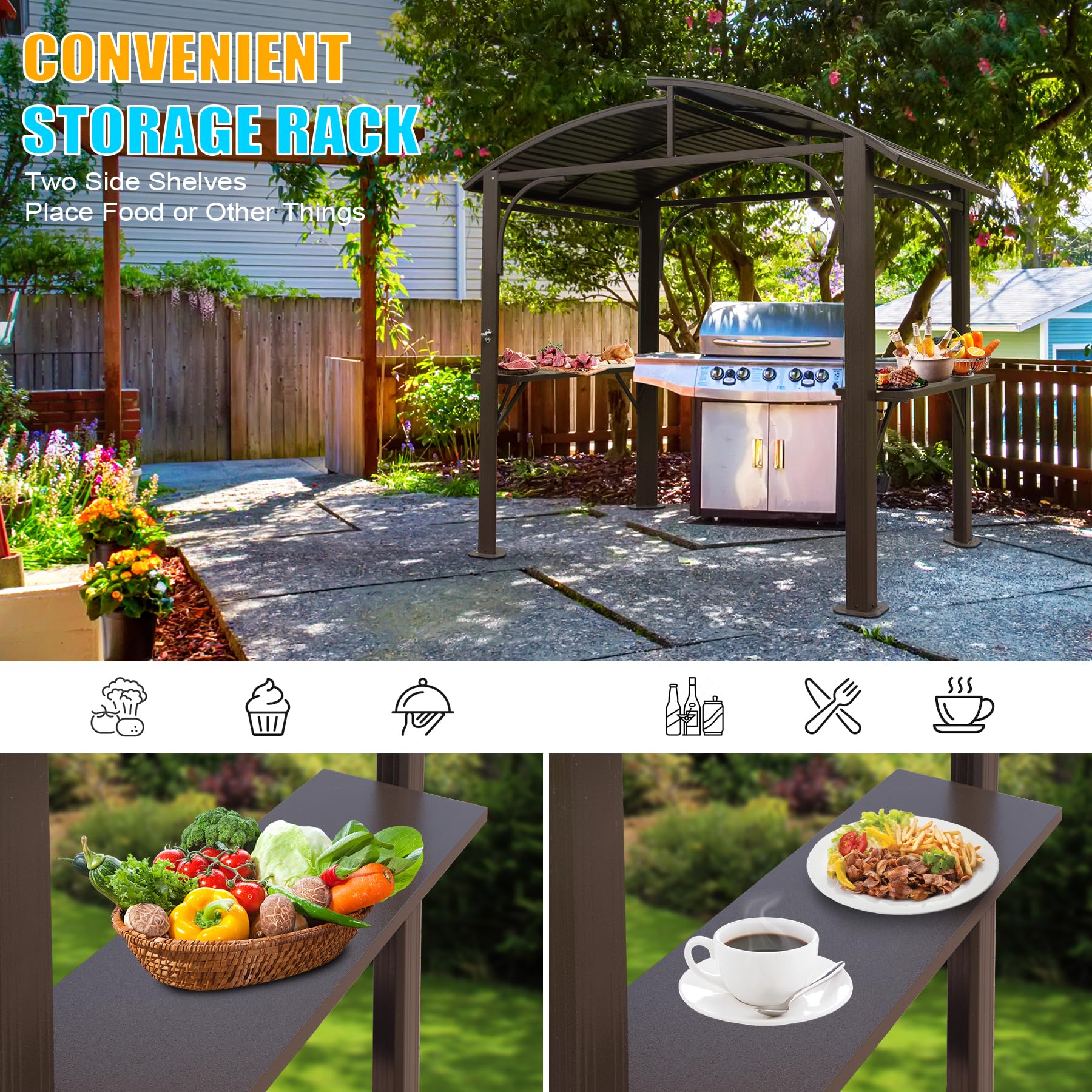 8x5FT Arc Roof, Grill Canopy for Outdoor Grill w/Double Galvanized Steel Roof and 2 Side Shelves, BBQ Gazebo Grill Tent for Patio Garden Backyard, Grey/Brown