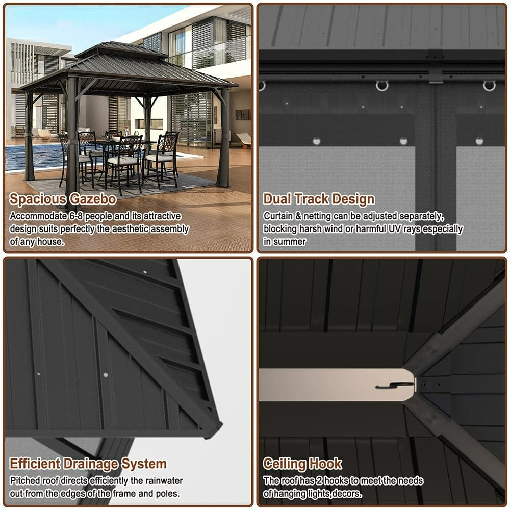 10x12 ft Double Roof Hard Top Aluminum Frame Gazebo with Netting