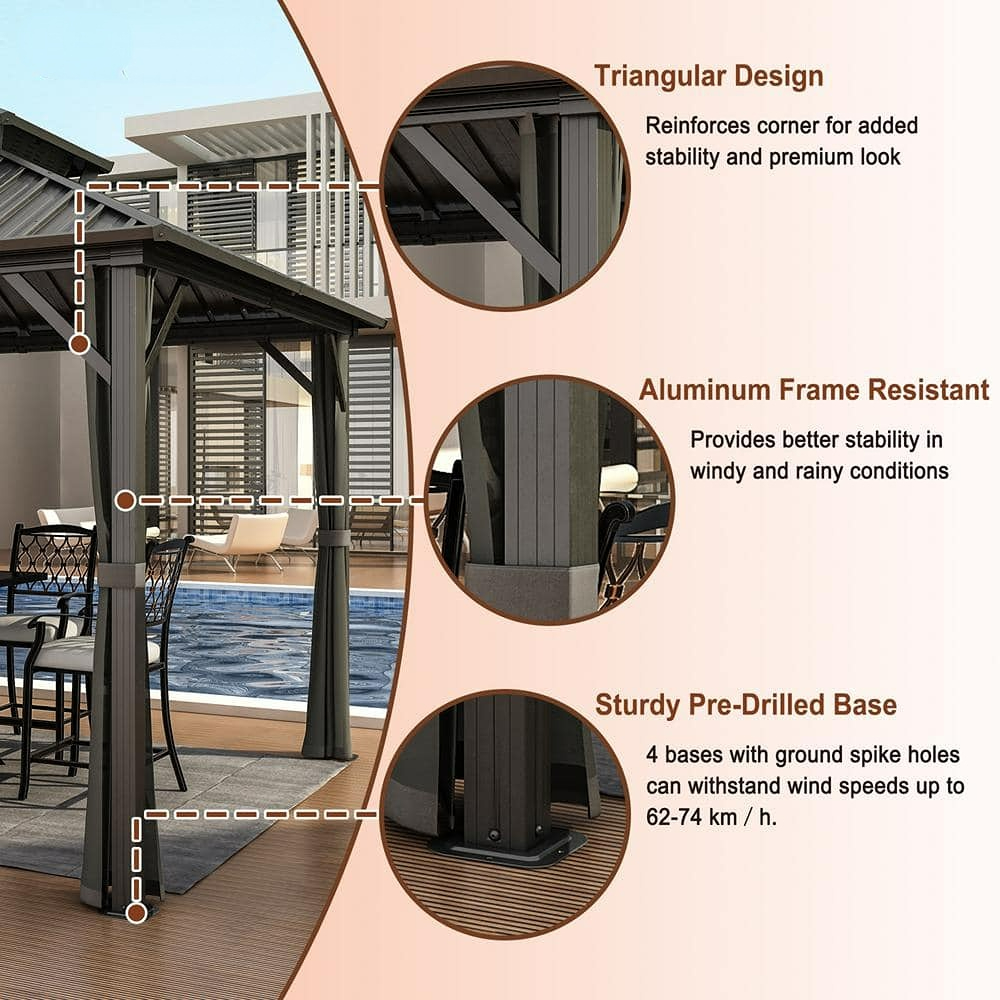 10x12 ft Double Roof Hard Top Aluminum Frame Gazebo with Netting