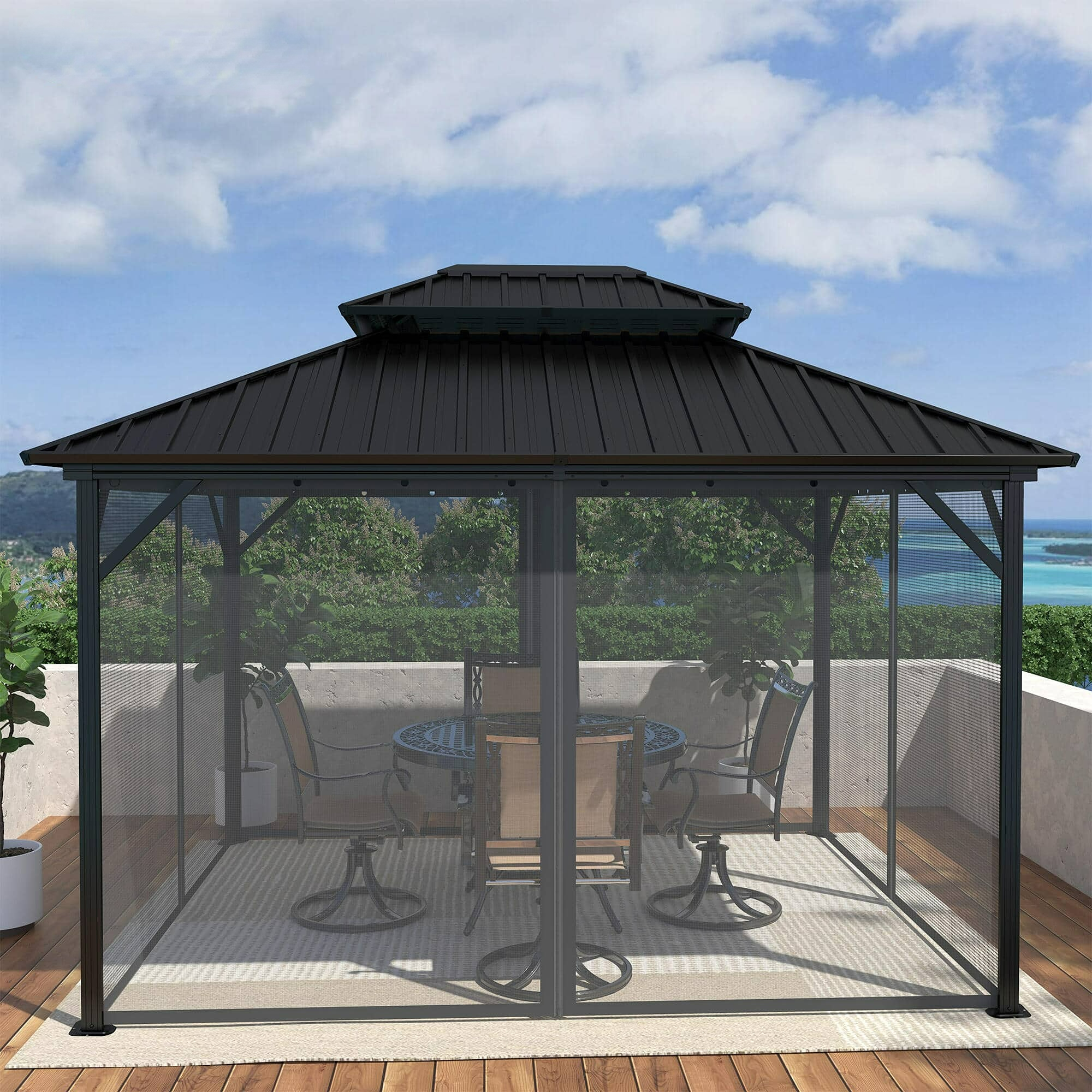 10x12 ft Double Roof Hard Top Aluminum Frame Gazebo with Netting