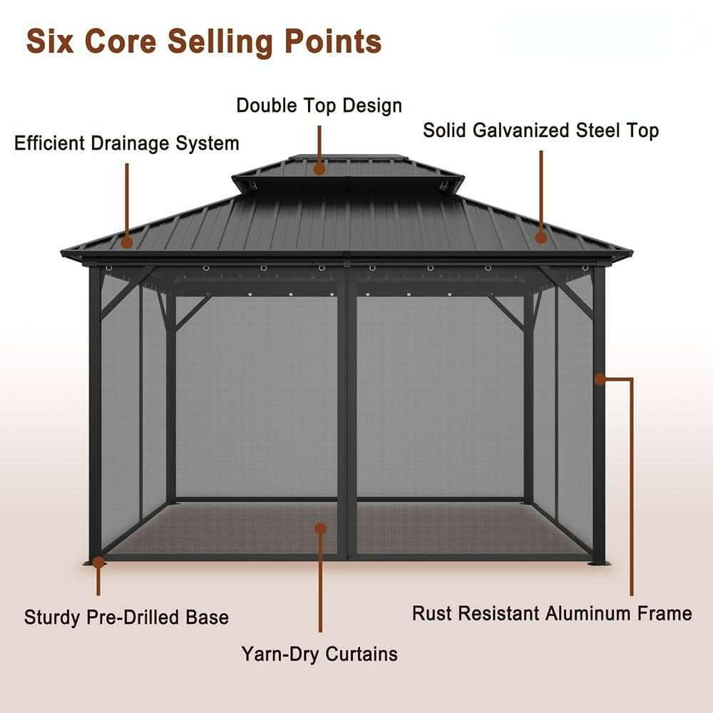 10x12 ft Double Roof Hard Top Aluminum Frame Gazebo with Netting