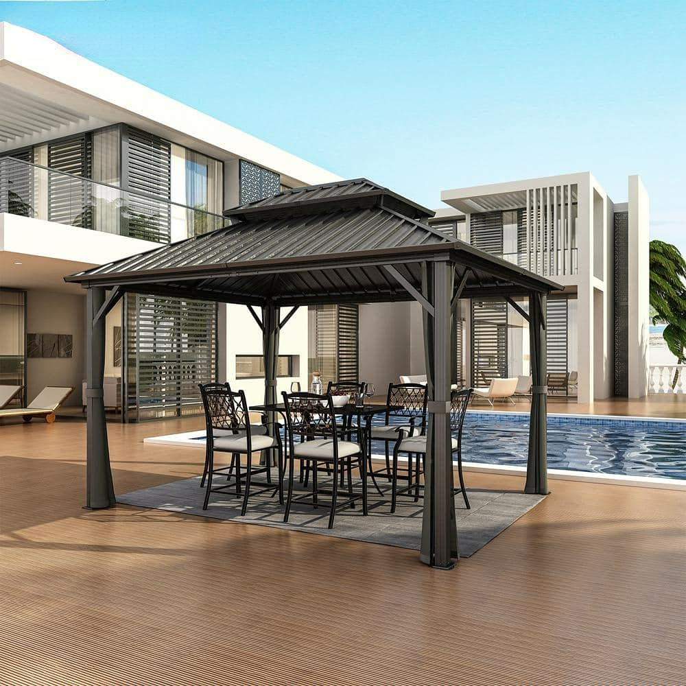 10x12 ft Double Roof Hard Top Aluminum Frame Gazebo with Netting