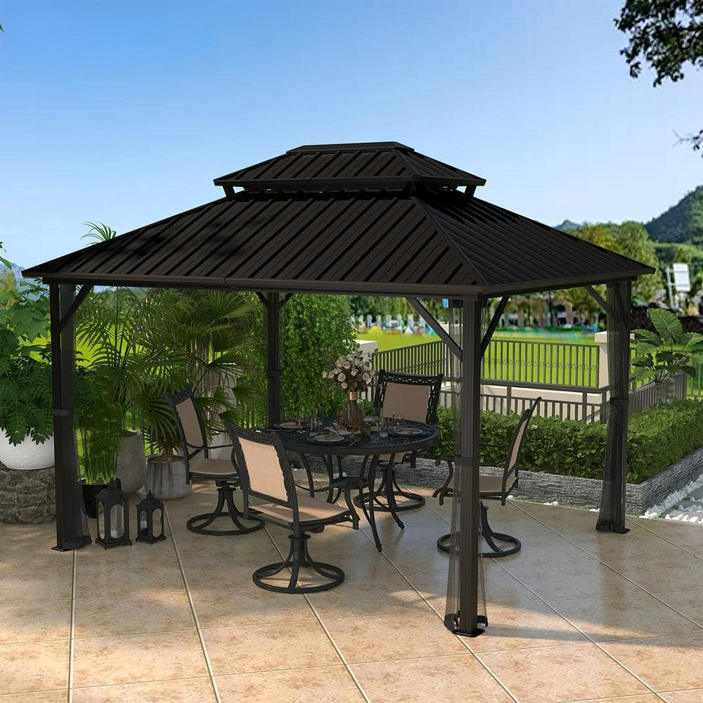 10x12 ft Double Roof Hard Top Aluminum Frame Gazebo with Netting